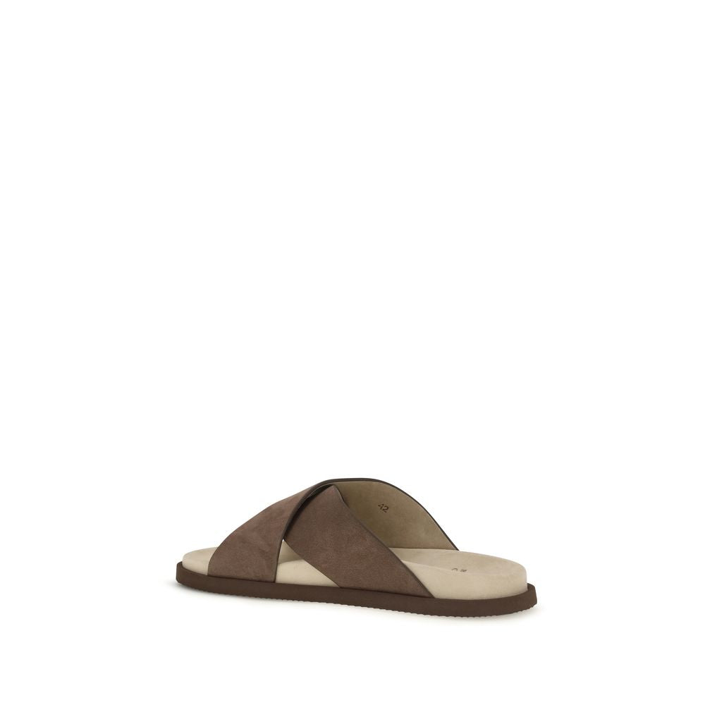 Brunello Cucinelli Brown Calf Leather Bos Taurus Flat Men's Sandals