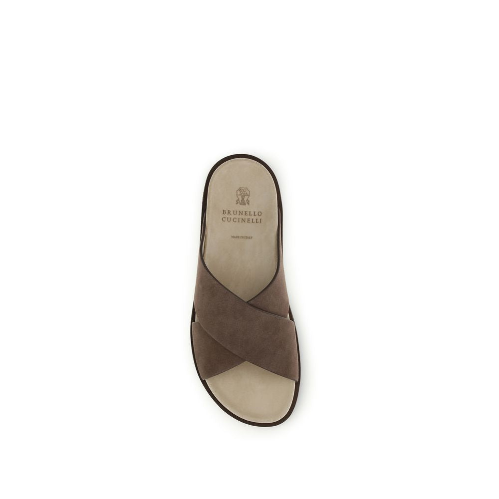 Brunello Cucinelli Brown Calf Leather Bos Taurus Flat Men's Sandals
