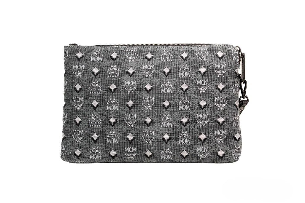 MCM MCM Veritas Medium Dark Grey Denim Monogram Logo Canvas Clutch Pouch Women's Handbag
