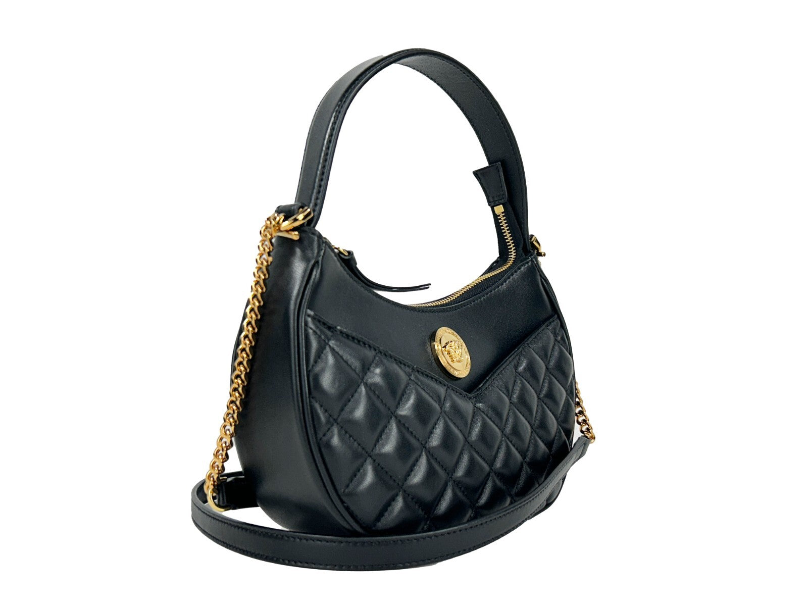 Versace Versace Quilted Black Leather Half Moon Chain Crossbody Women's Bag