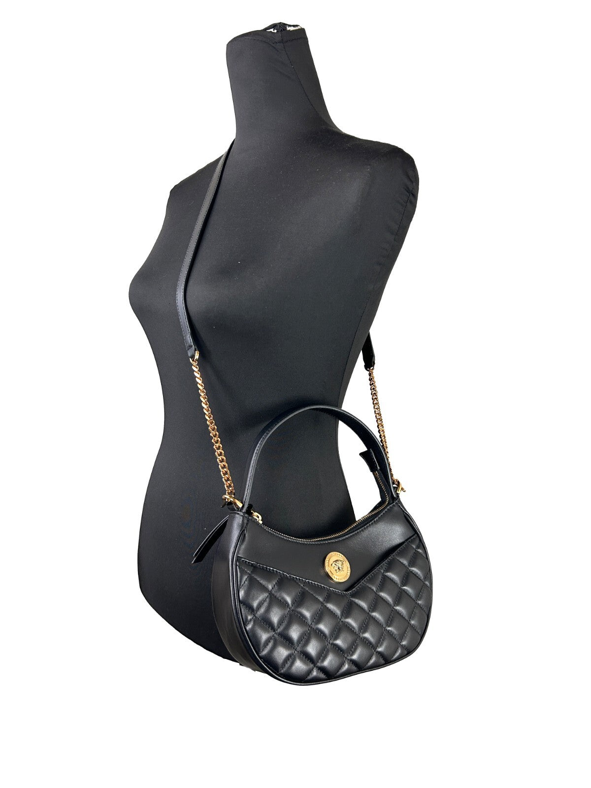 Versace Versace Quilted Black Leather Half Moon Chain Crossbody Women's Bag