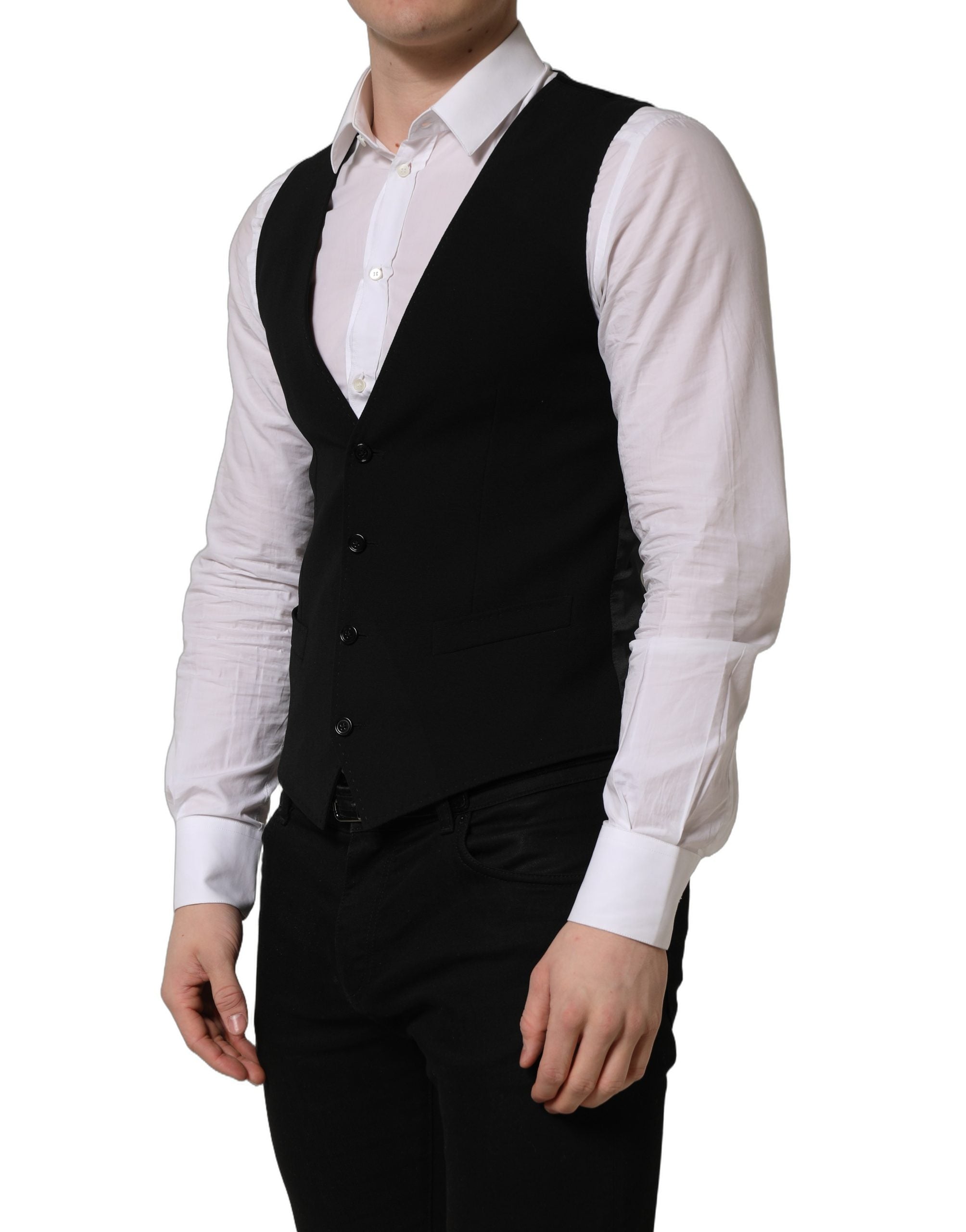 Dolce & Gabbana Black Wool Single Breasted Waistcoat Men's Vest