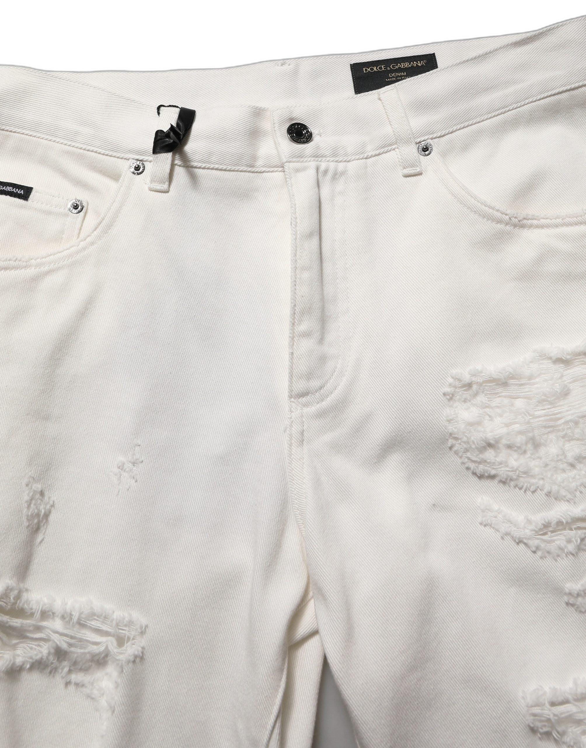Dolce & Gabbana White Cotton Distressed Straight Denim Men's Jeans