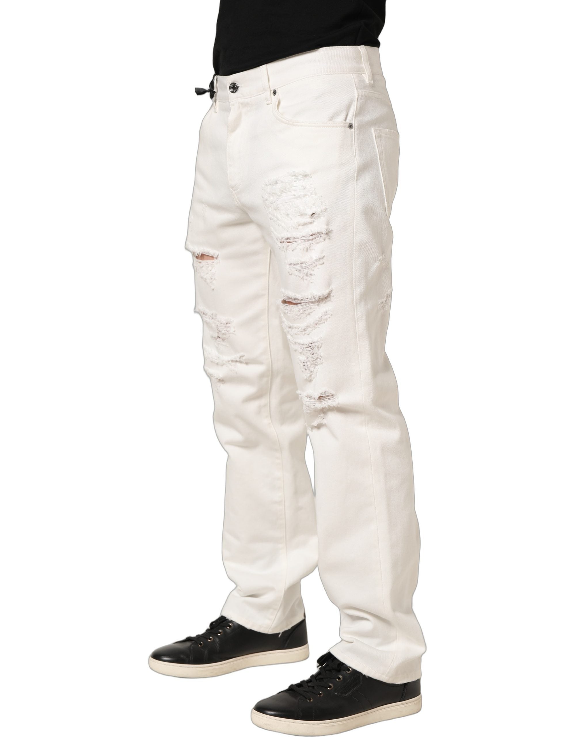Dolce & Gabbana White Cotton Distressed Straight Denim Men's Jeans