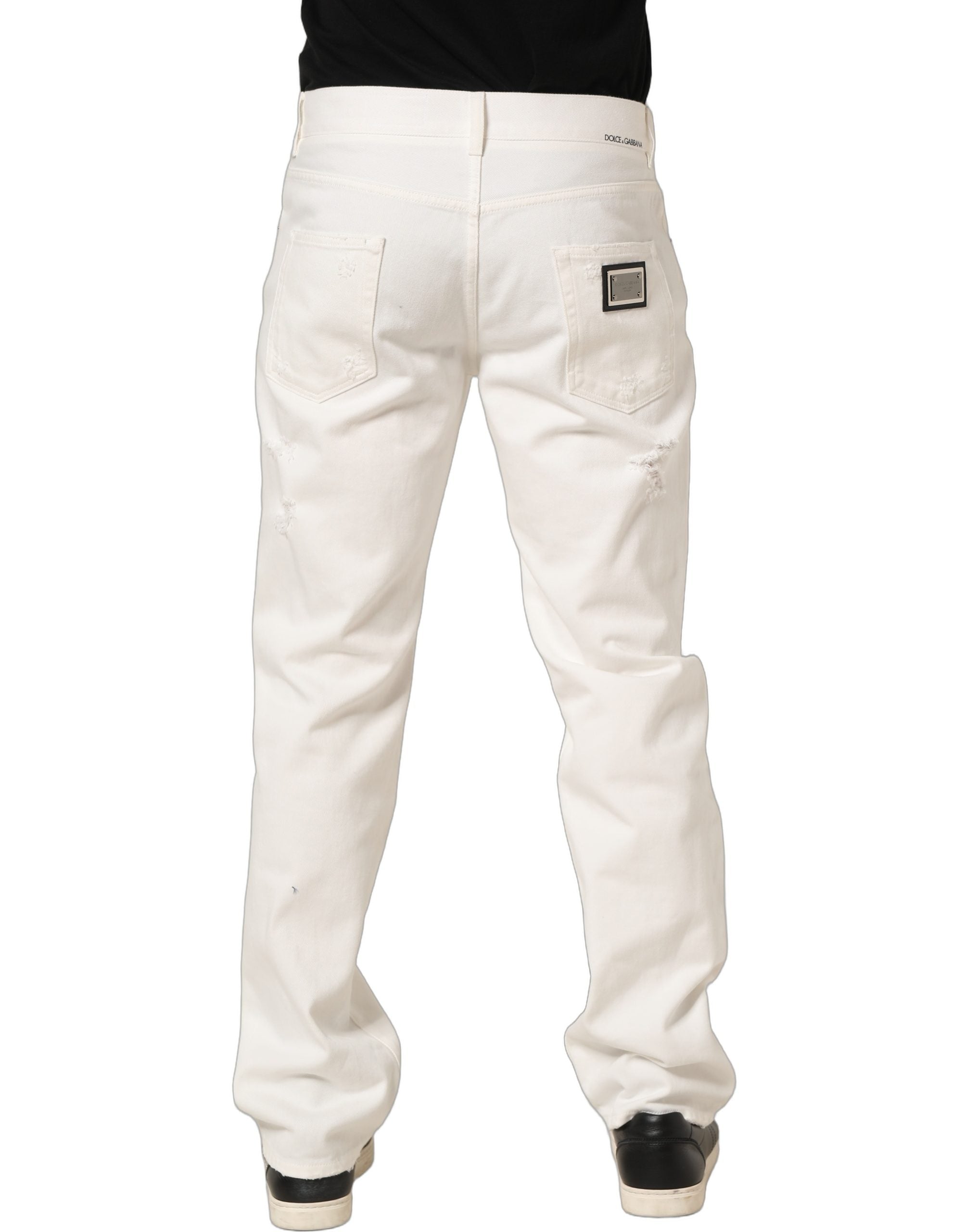 Dolce & Gabbana White Cotton Distressed Straight Denim Men's Jeans