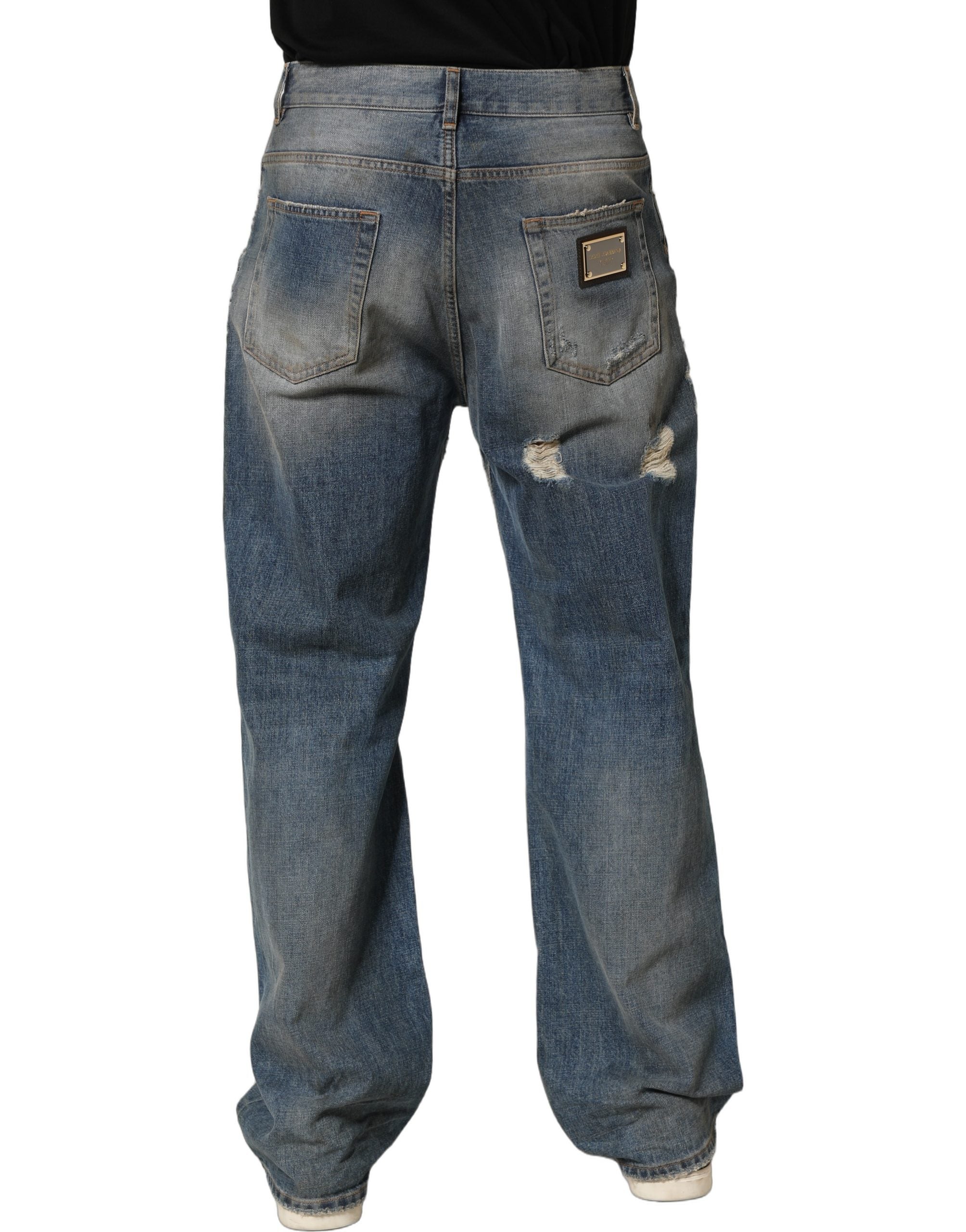 Dolce & Gabbana Blue Cotton Distressed Straight Denim Men's Jeans (Pre-Owned)