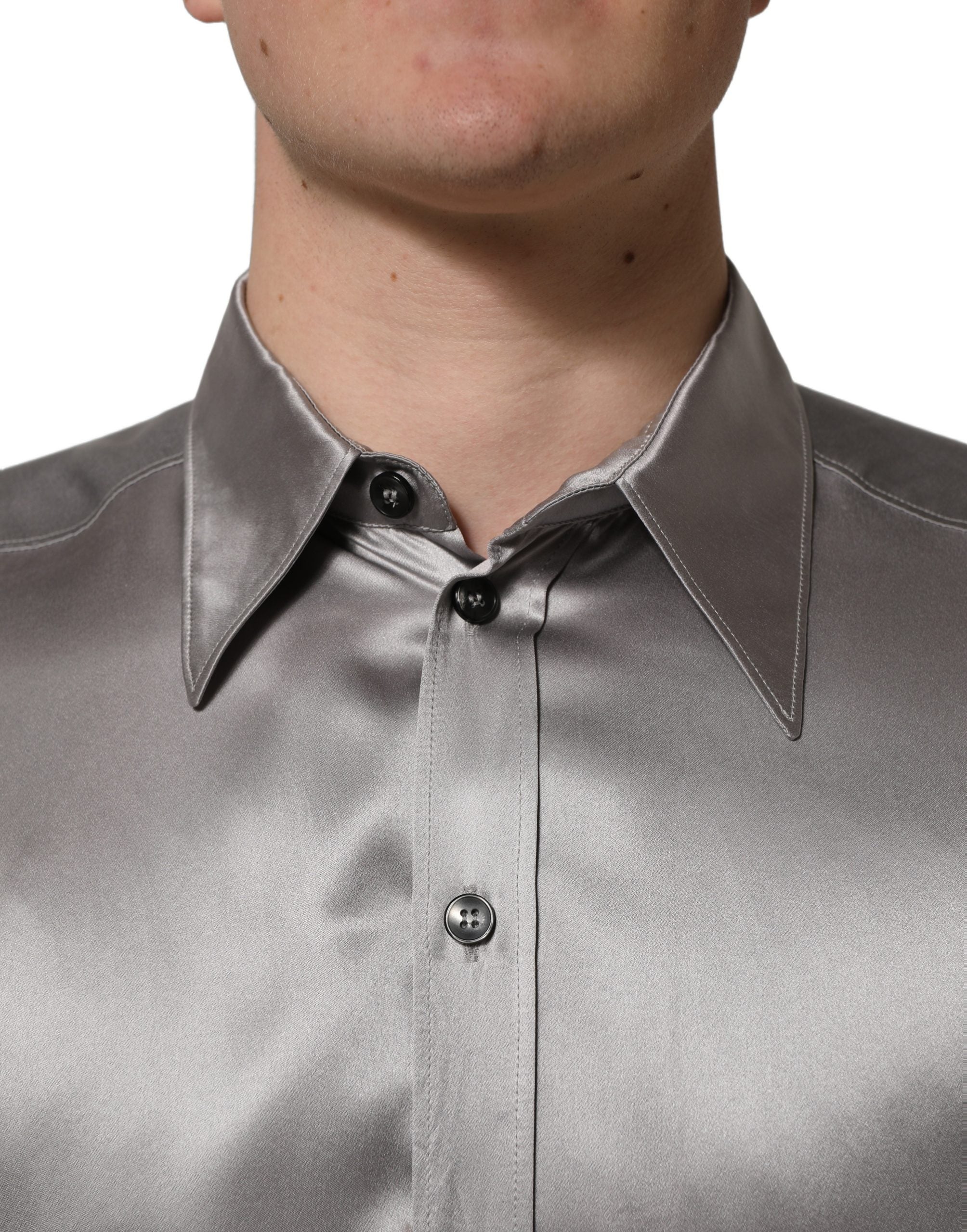 Dolce & Gabbana Metallic Grey Satin Silk Formal Dress Men's Shirt (Pre-Owned)