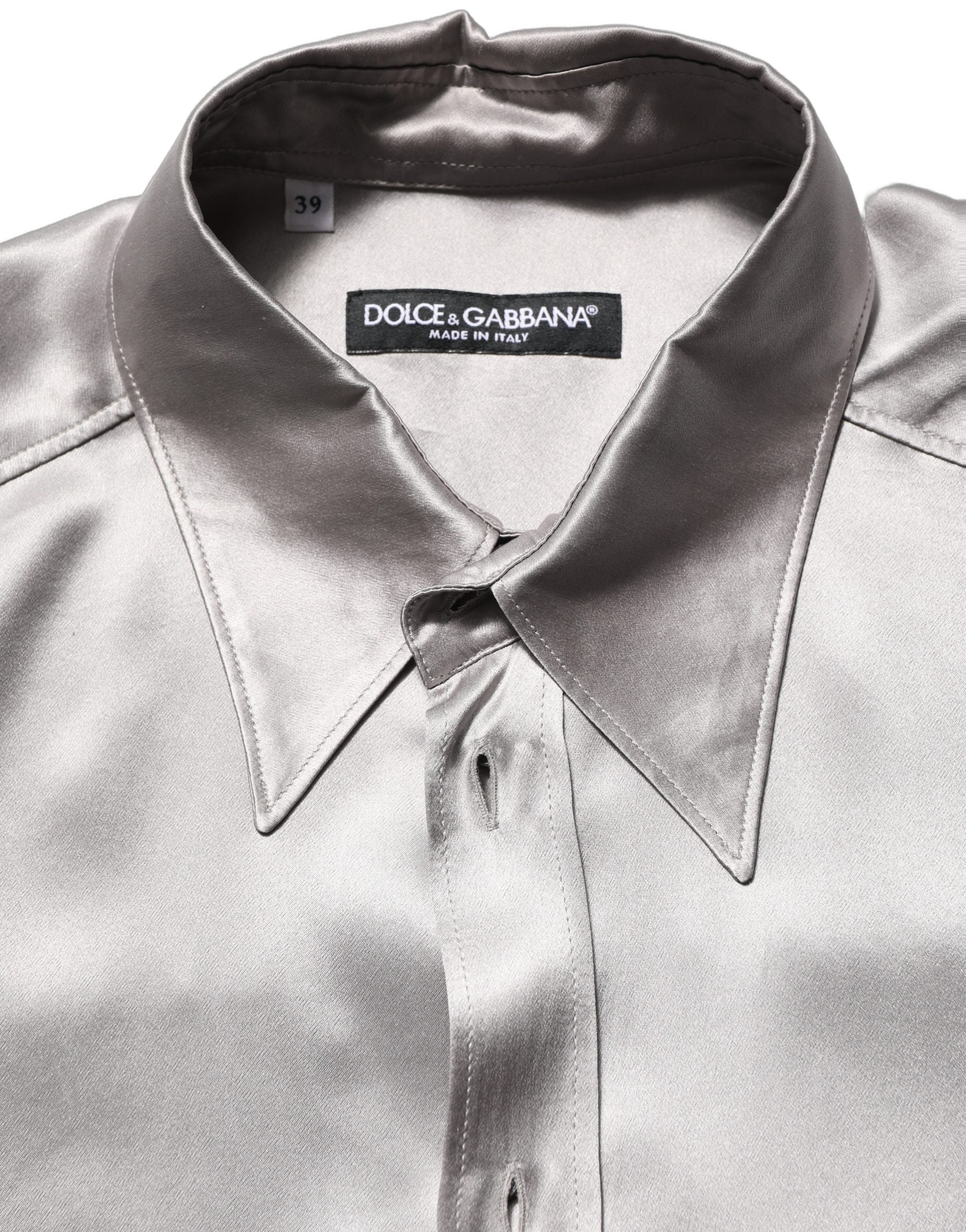 Dolce & Gabbana Metallic Grey Satin Silk Formal Dress Men's Shirt (Pre-Owned)