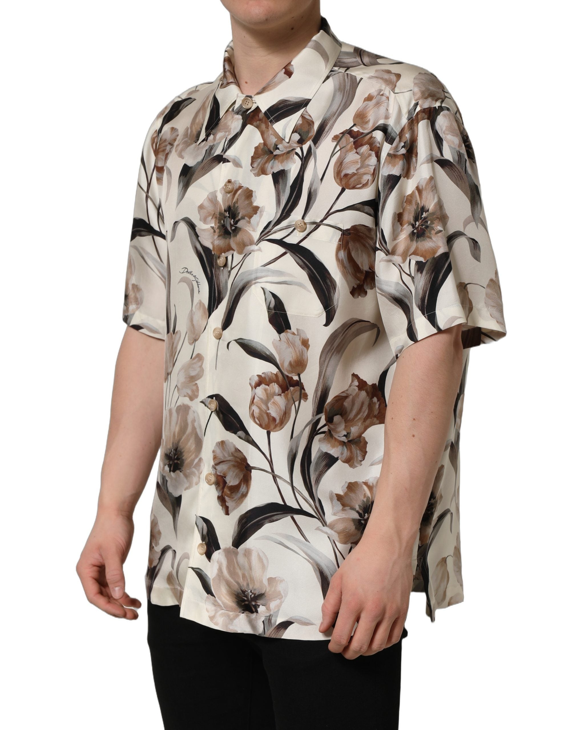 Dolce & Gabbana Beige Tulip Print Silk Short Sleeves Men's Shirt (Pre-Owned)