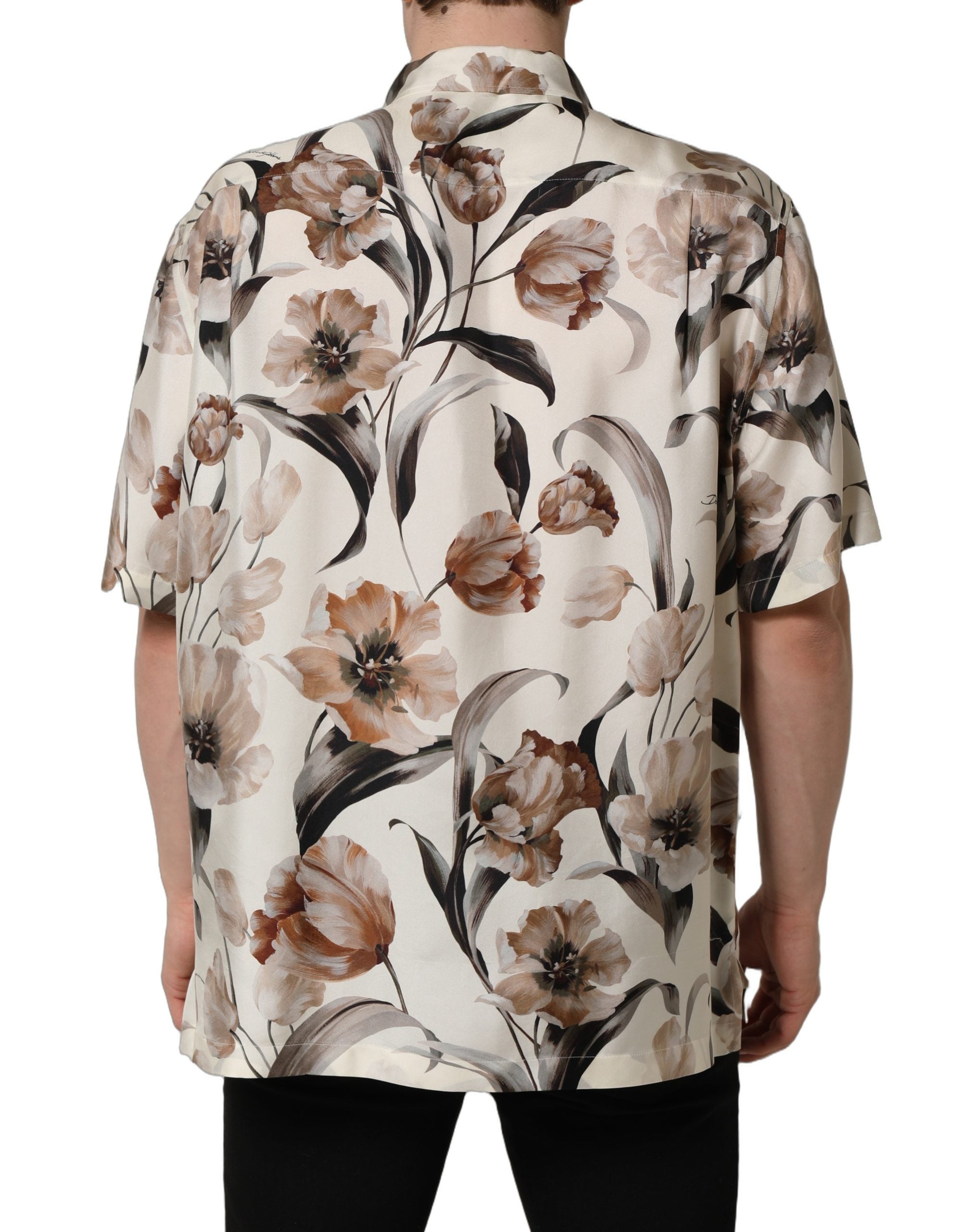 Dolce & Gabbana Beige Tulip Print Silk Short Sleeves Men's Shirt (Pre-Owned)