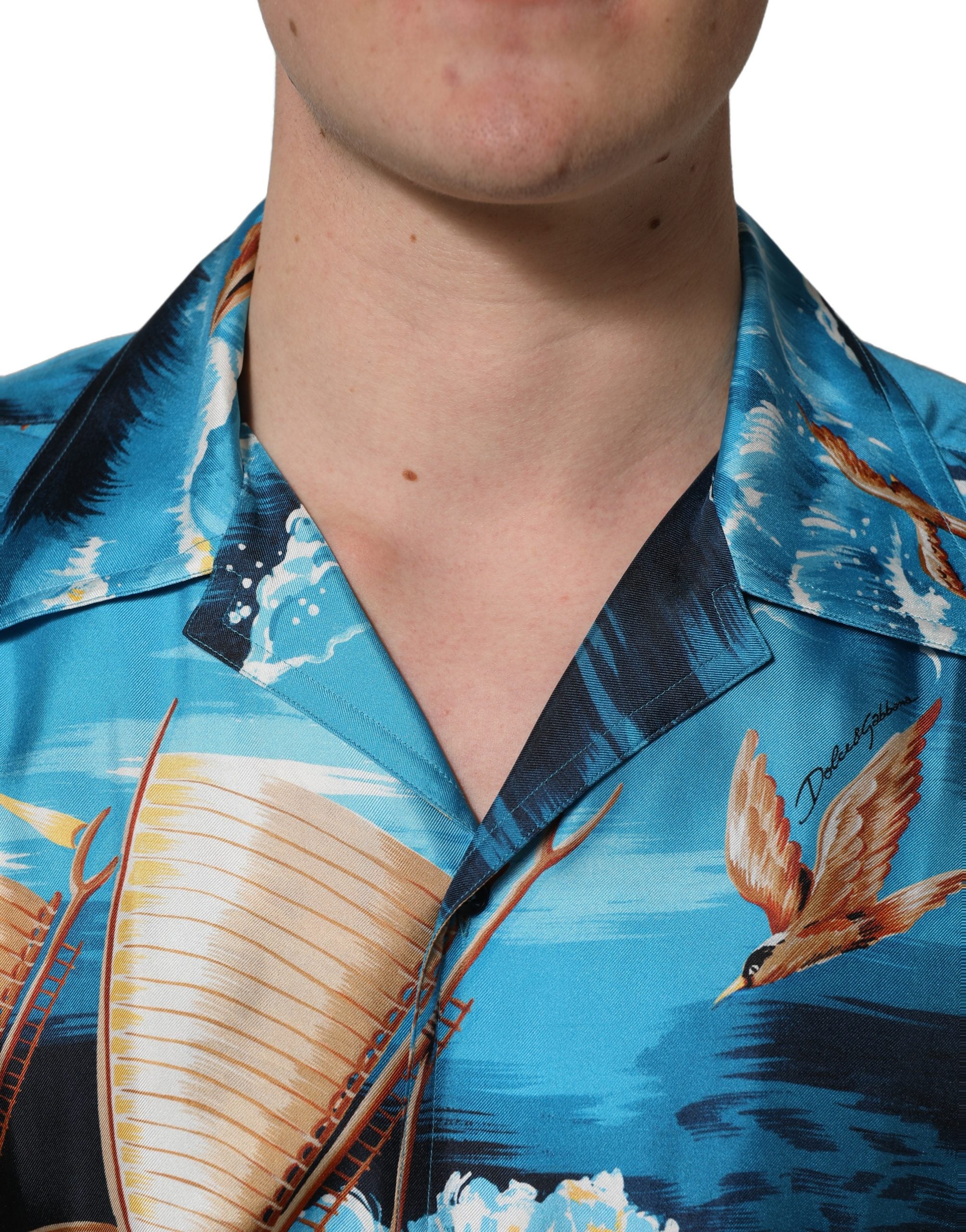 Dolce & Gabbana Blue Silk Twill Hawaiian GraphicPrint Men's Shirt