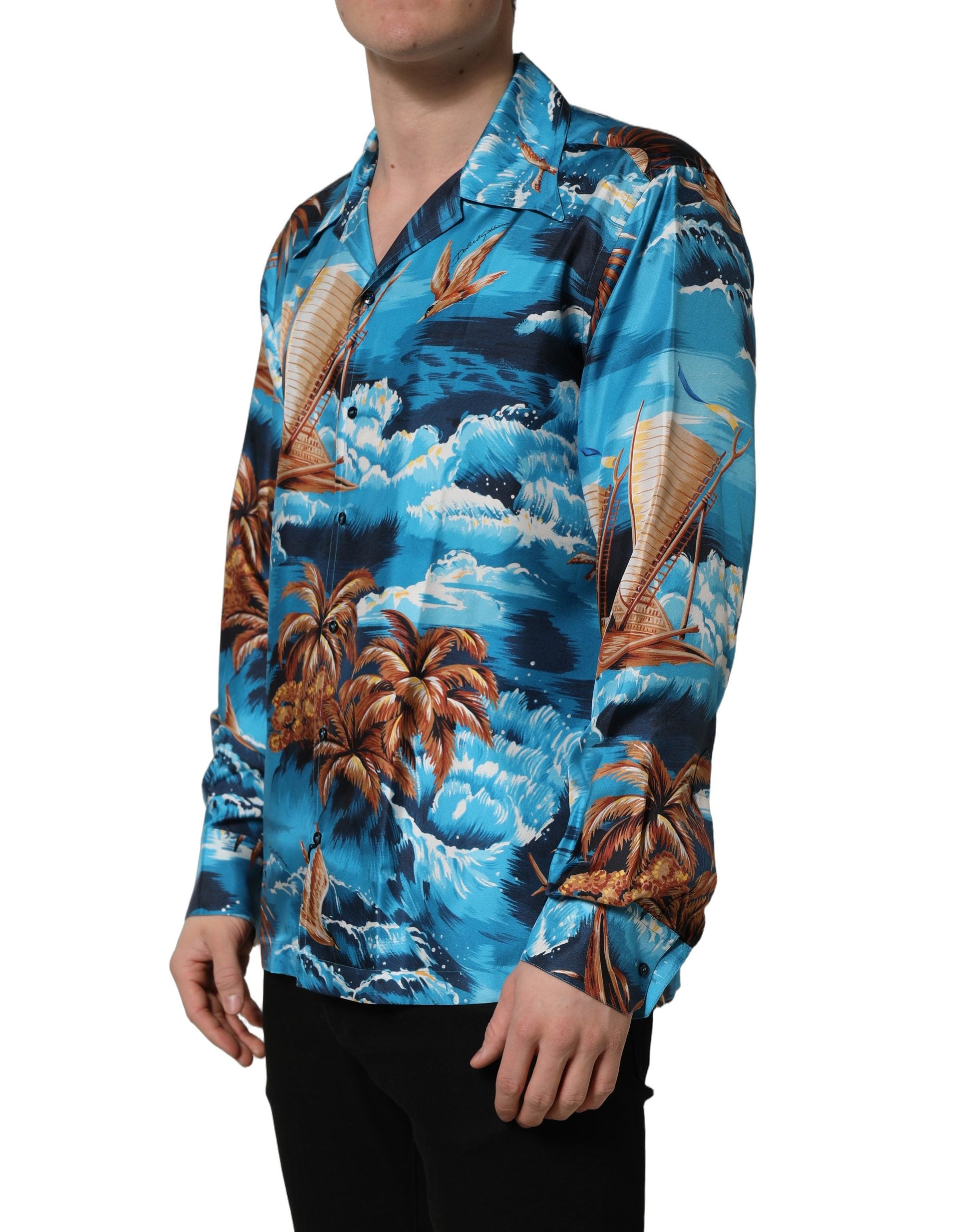 Dolce & Gabbana Blue Silk Twill Hawaiian GraphicPrint Men's Shirt