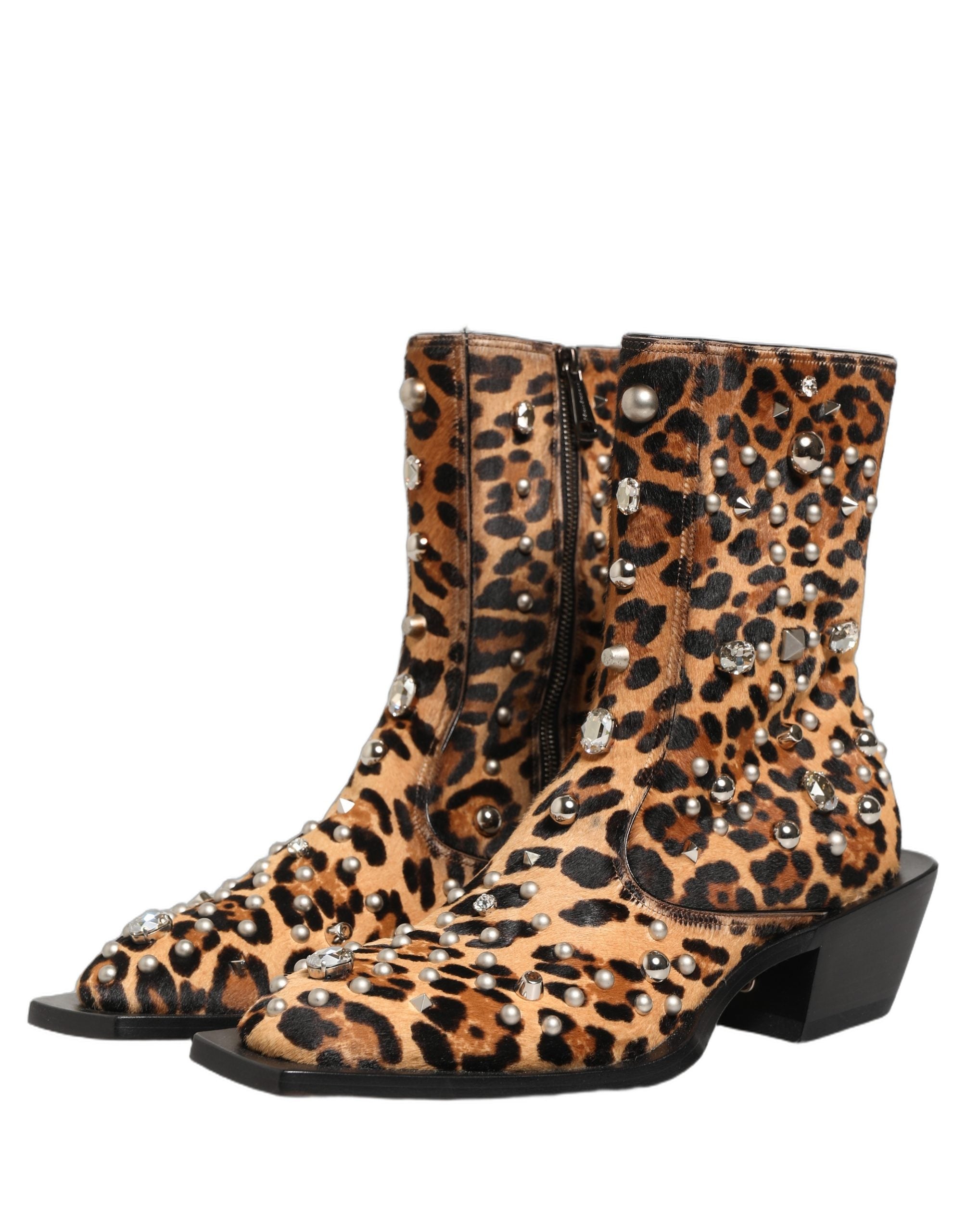 Dolce & Gabbana Brown Leopard Embellished Mid Calf Men Boots Men's Shoes