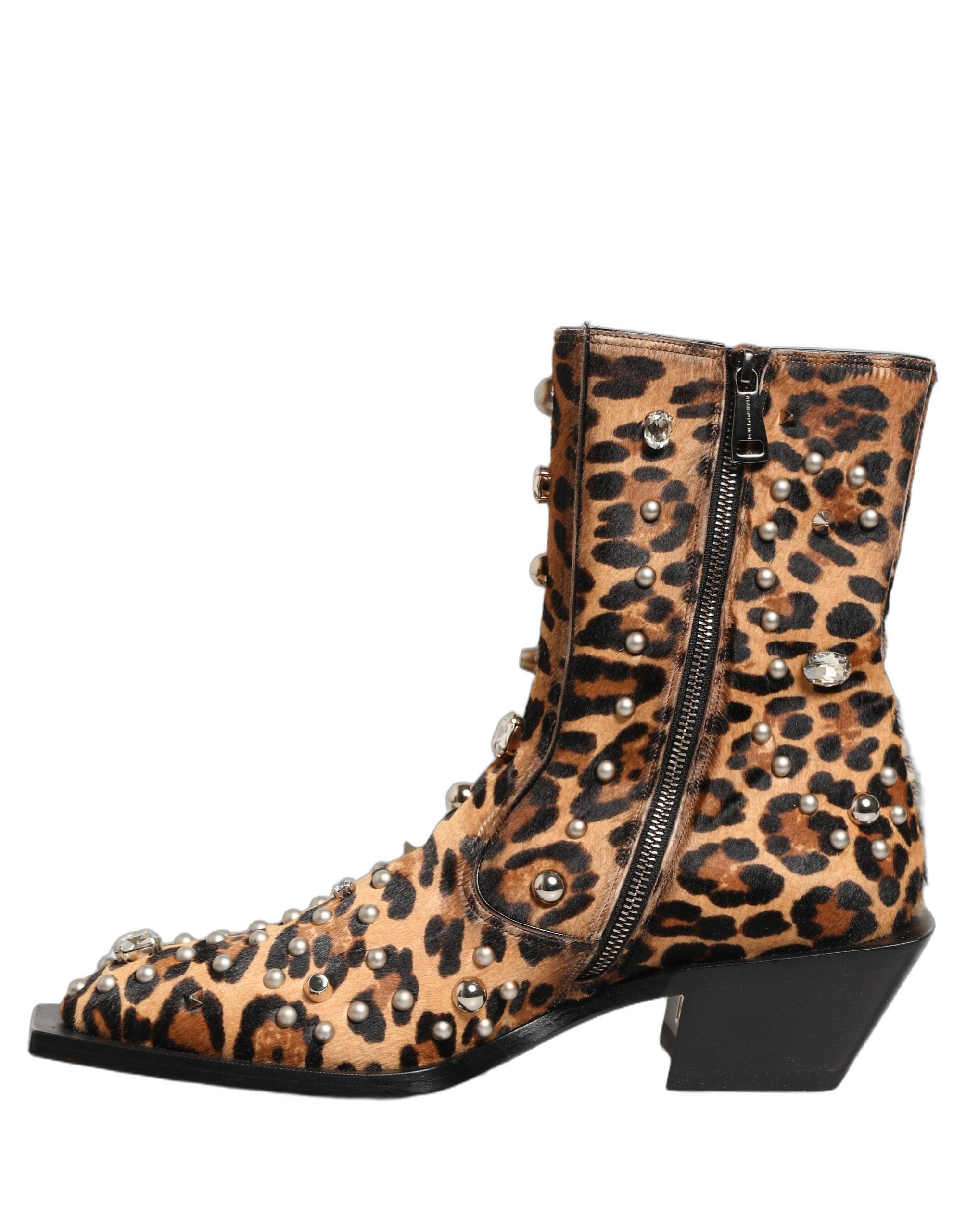 Dolce & Gabbana Brown Leopard Embellished Mid Calf Men Boots Men's Shoes