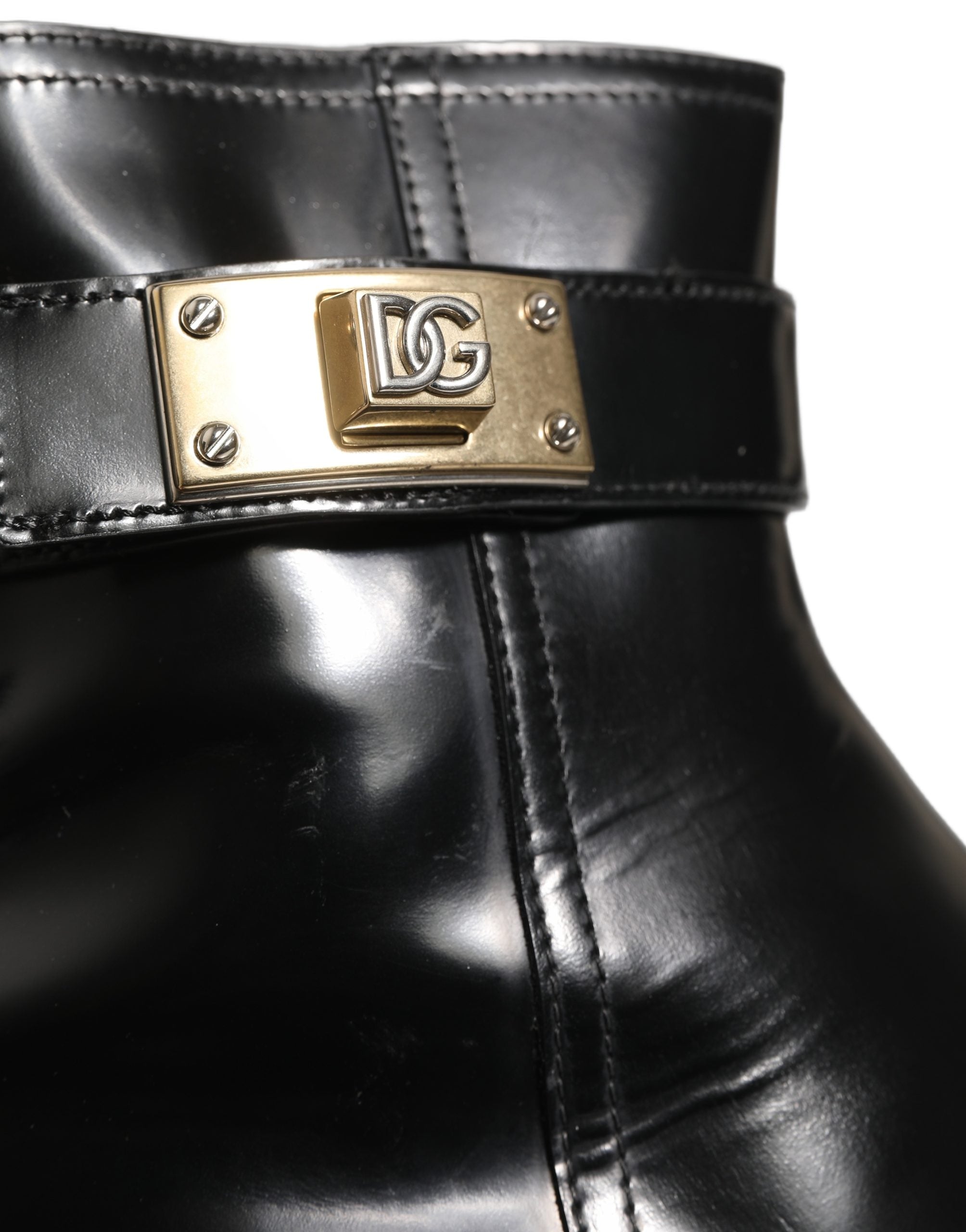 Dolce & Gabbana Black Leather Logo Buckle Mid Calf Boots Men's Shoes