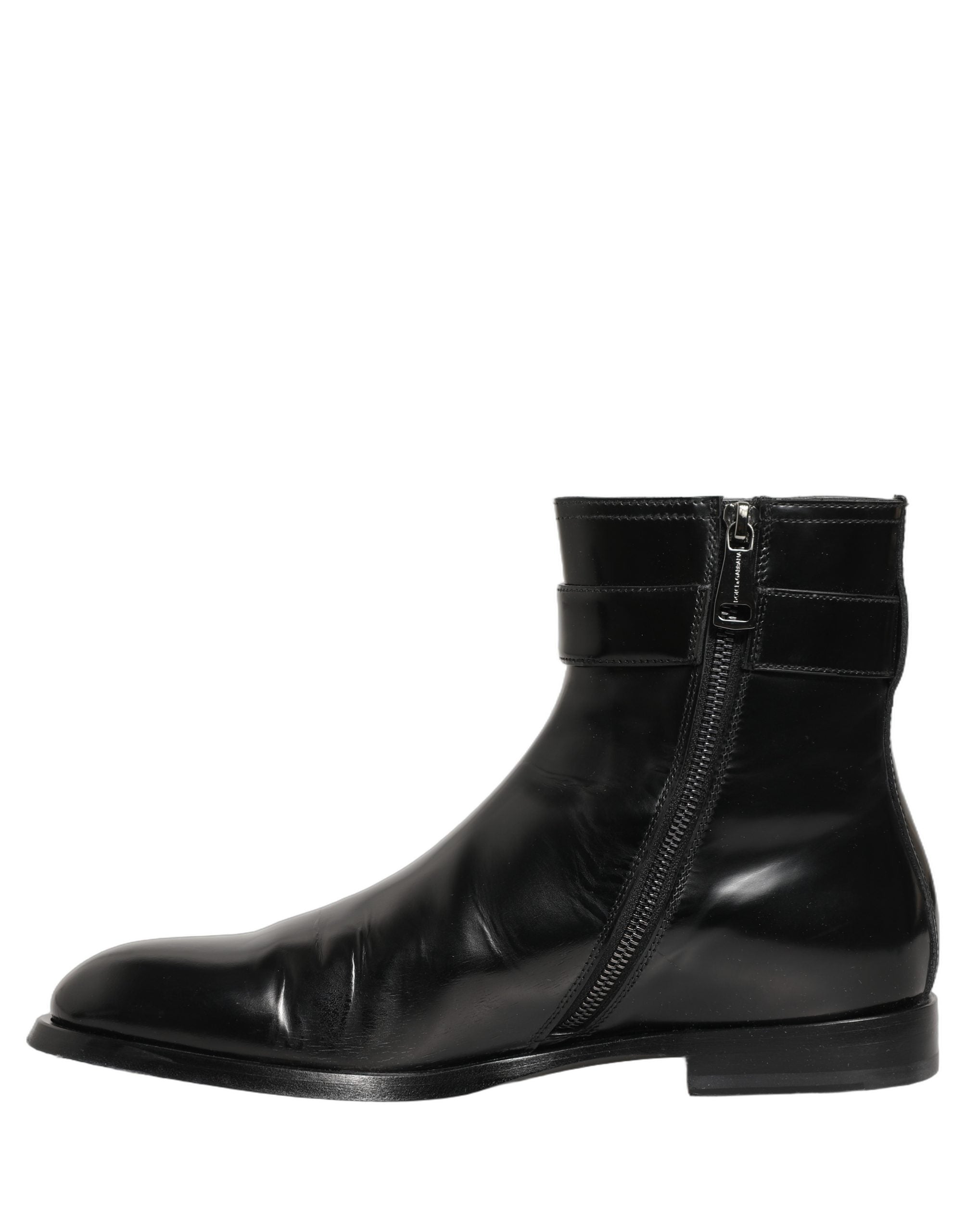 Dolce & Gabbana Black Leather Logo Buckle Mid Calf Boots Men's Shoes