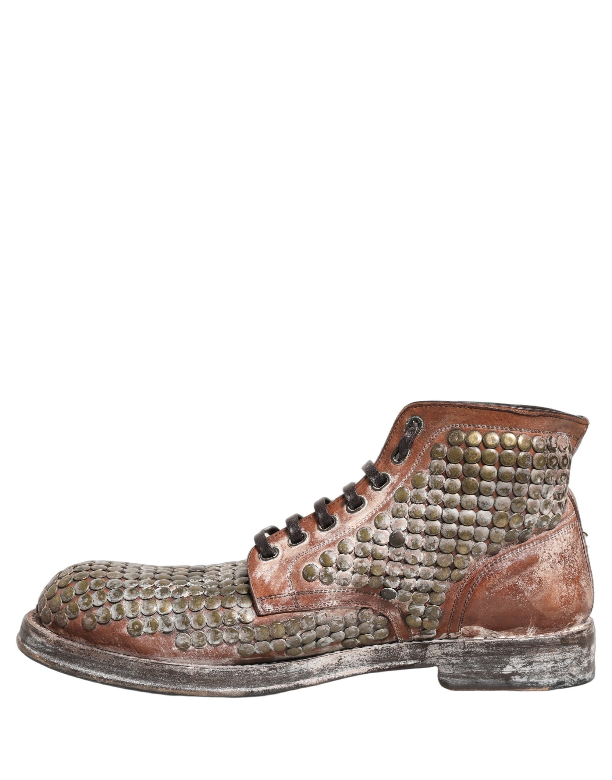 Dolce & Gabbana Brown Leather Runway Studs Ankle Boots Men's Shoes
