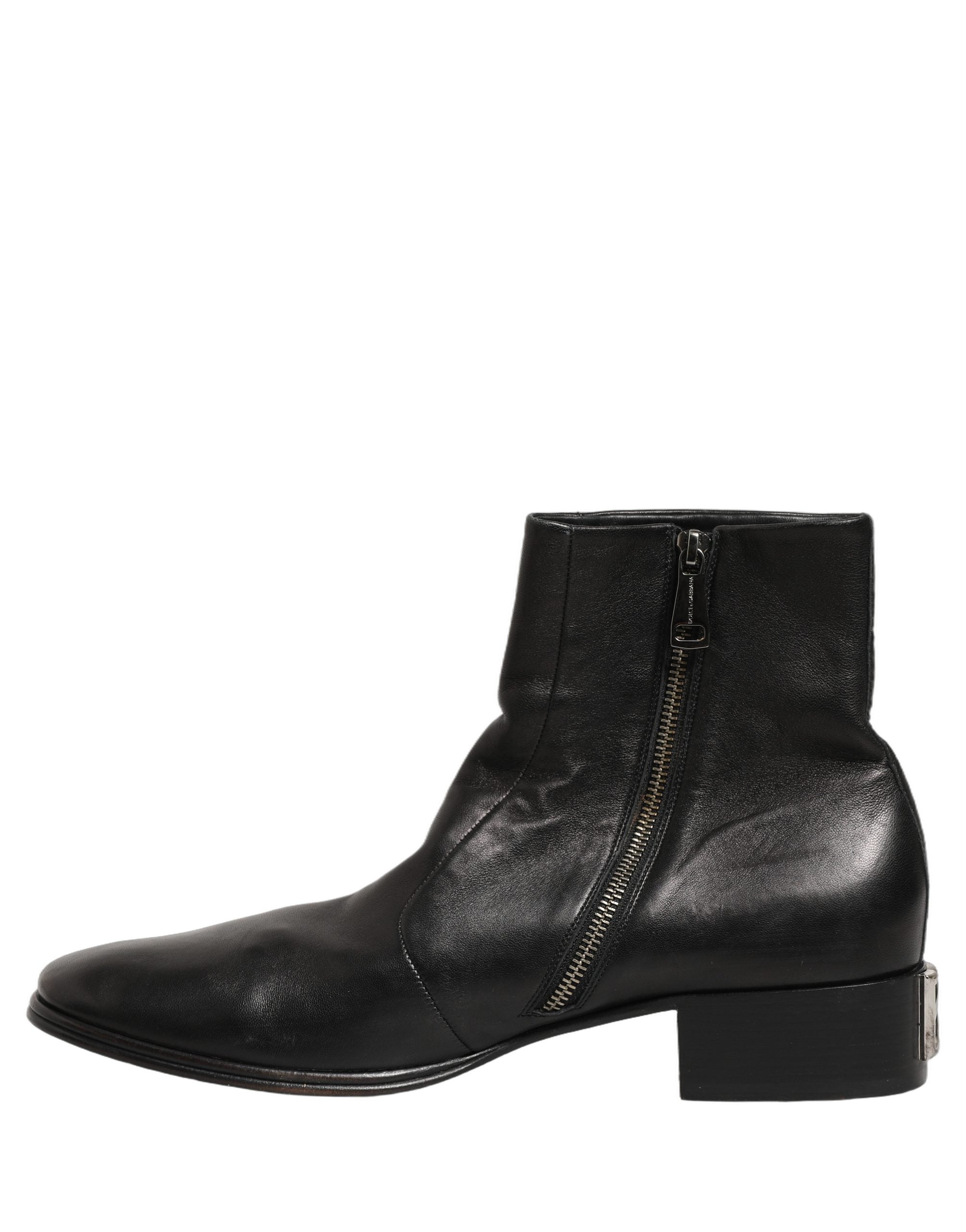Dolce & Gabbana Black Leather Logo Short Ankle Boots Men's Shoes (Pre-Owned)