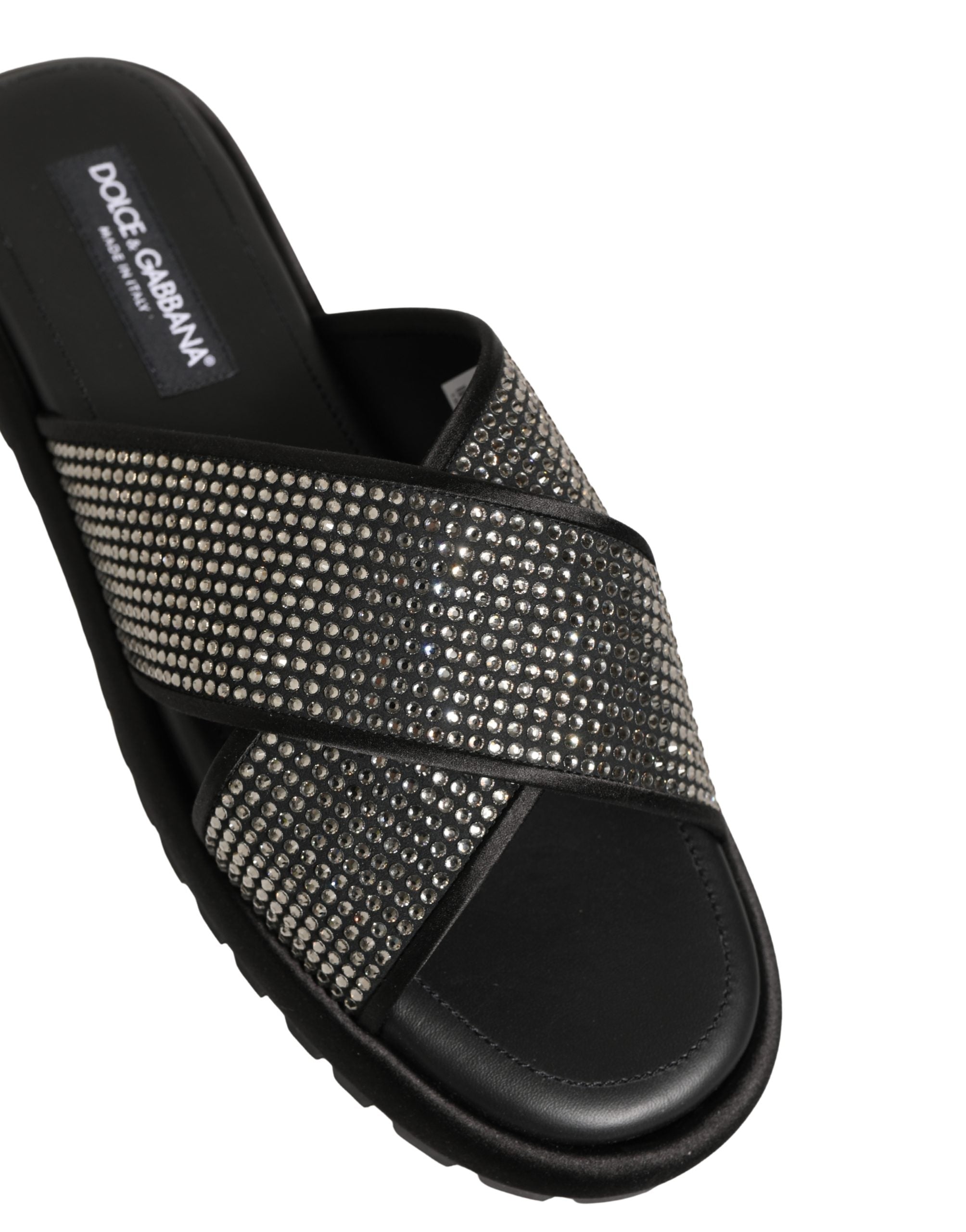 Dolce & Gabbana Black Strass Criss Cross Slide Sandals Men's Shoes