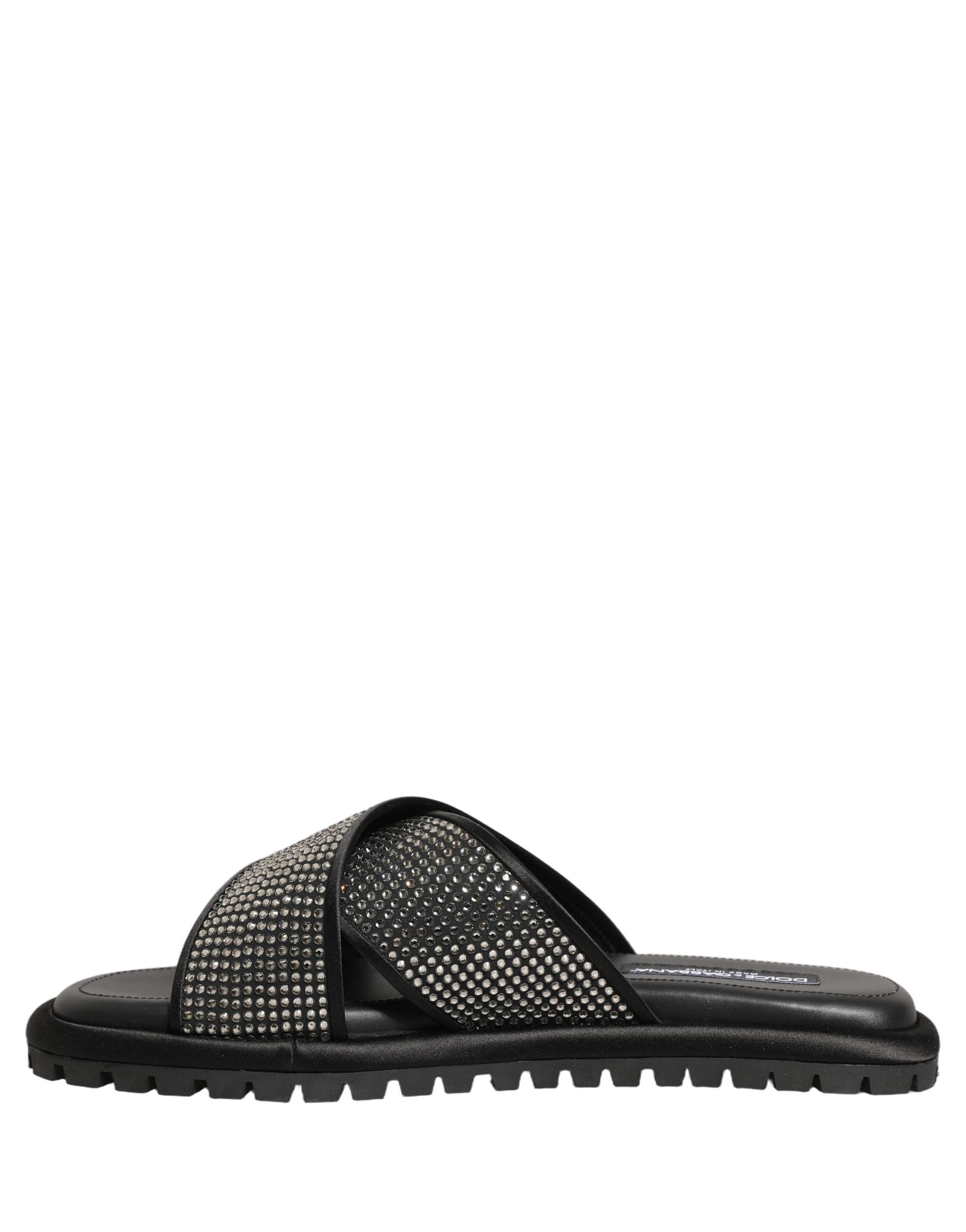 Dolce & Gabbana Black Strass Criss Cross Slide Sandals Men's Shoes