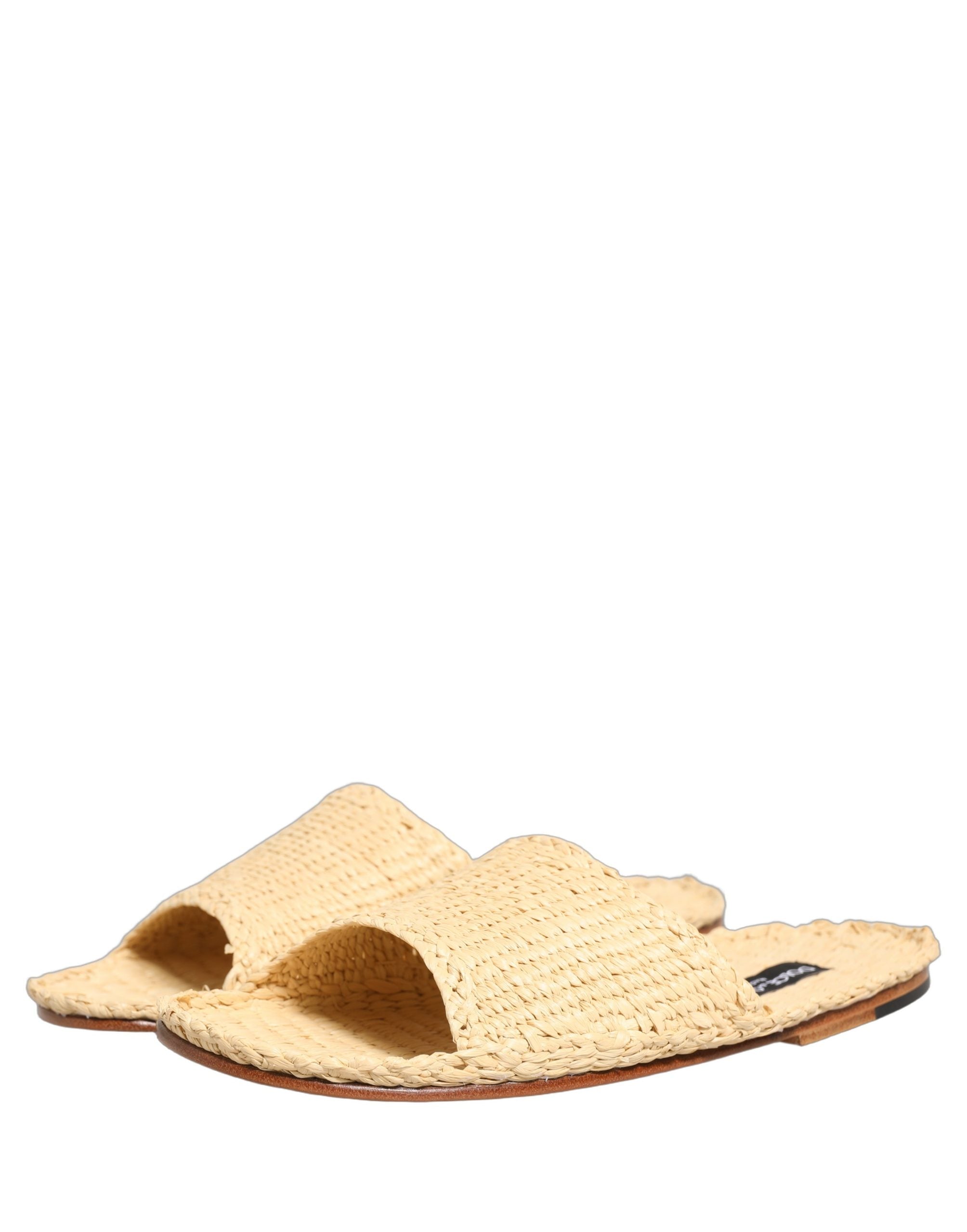 Dolce & Gabbana Beige Straw Raffia Slides Sandals Flats Men's Shoes