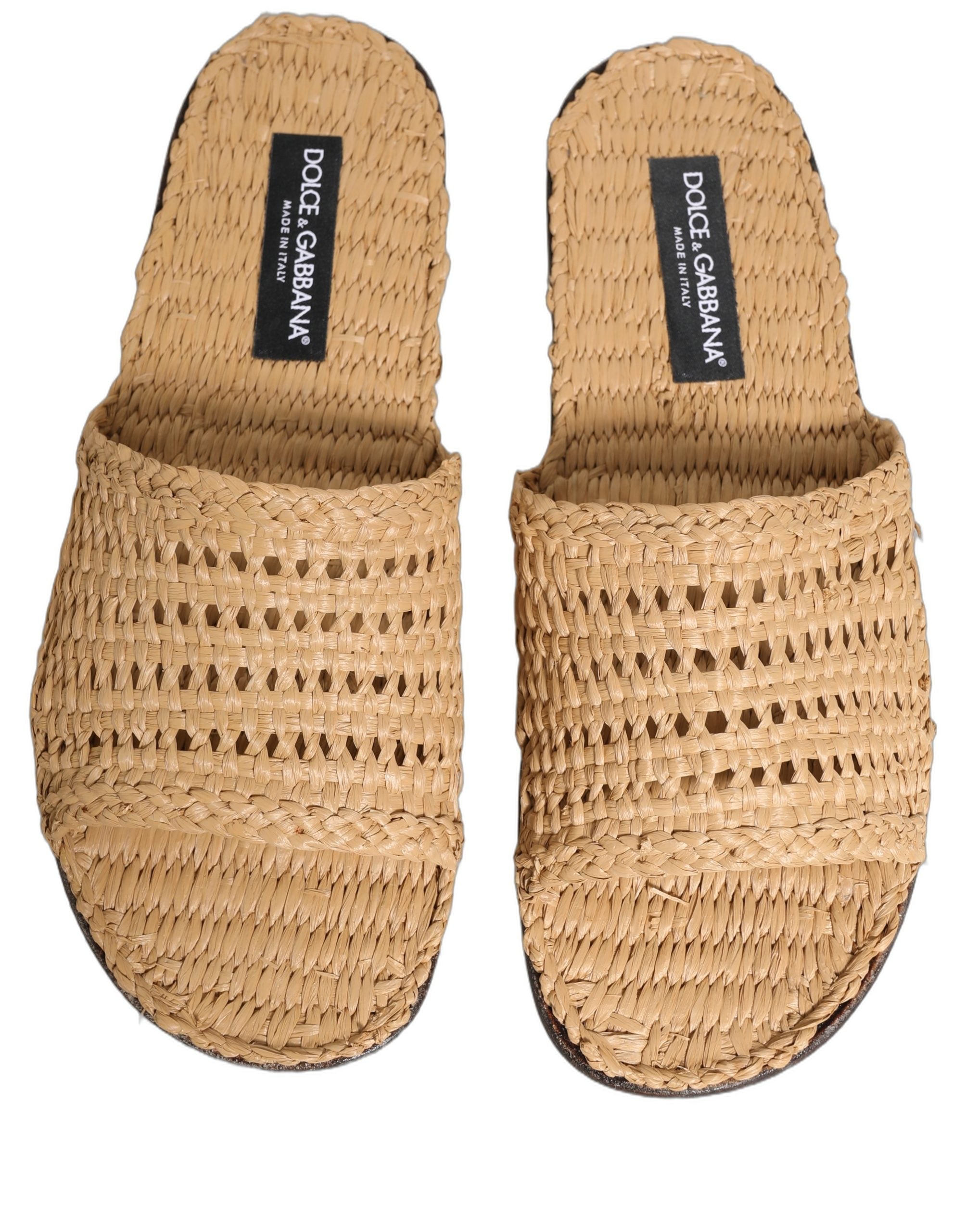 Dolce & Gabbana Beige Straw Raffia Slides Sandals Flats Men's Shoes