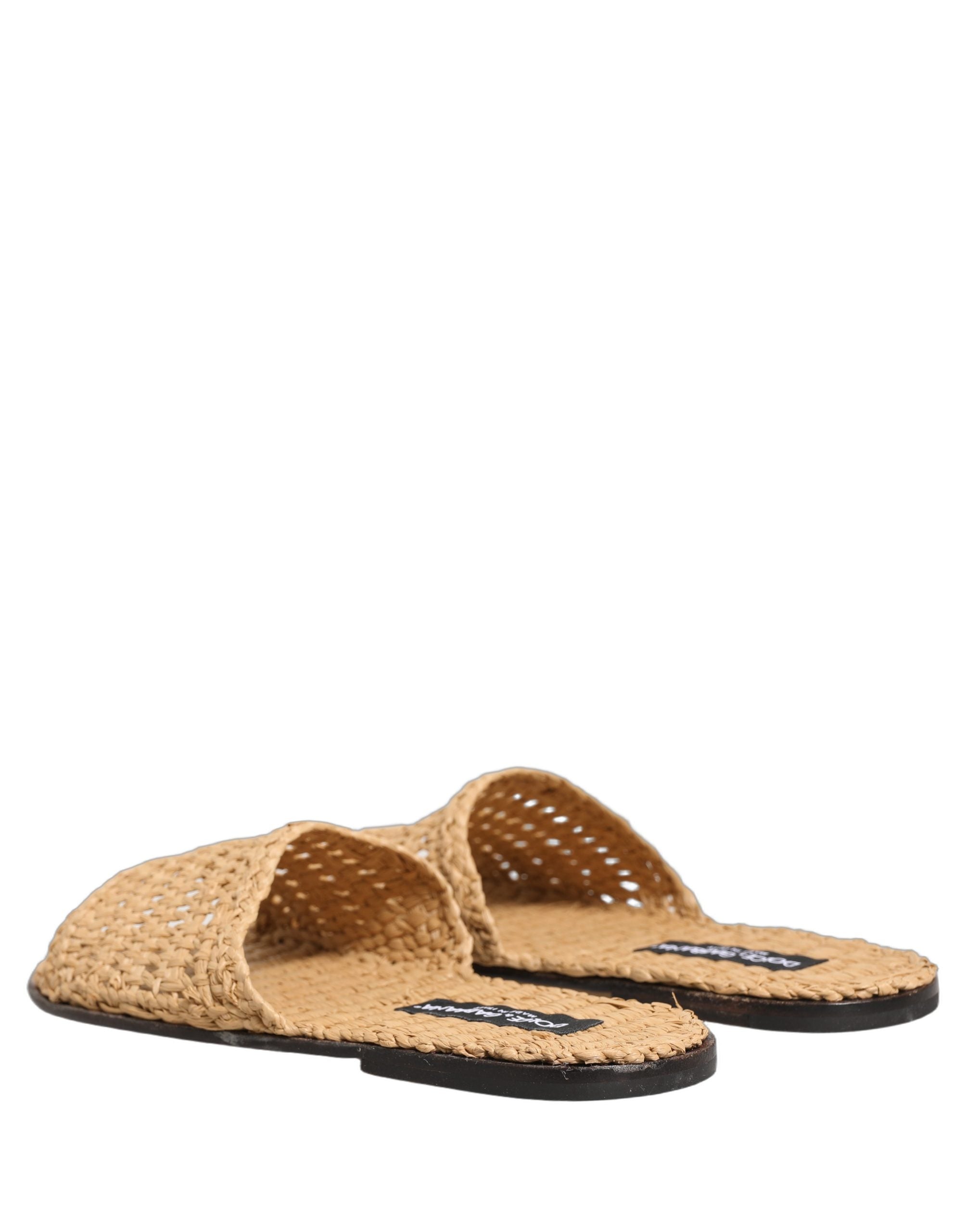 Dolce & Gabbana Beige Straw Raffia Slides Sandals Flats Men's Shoes