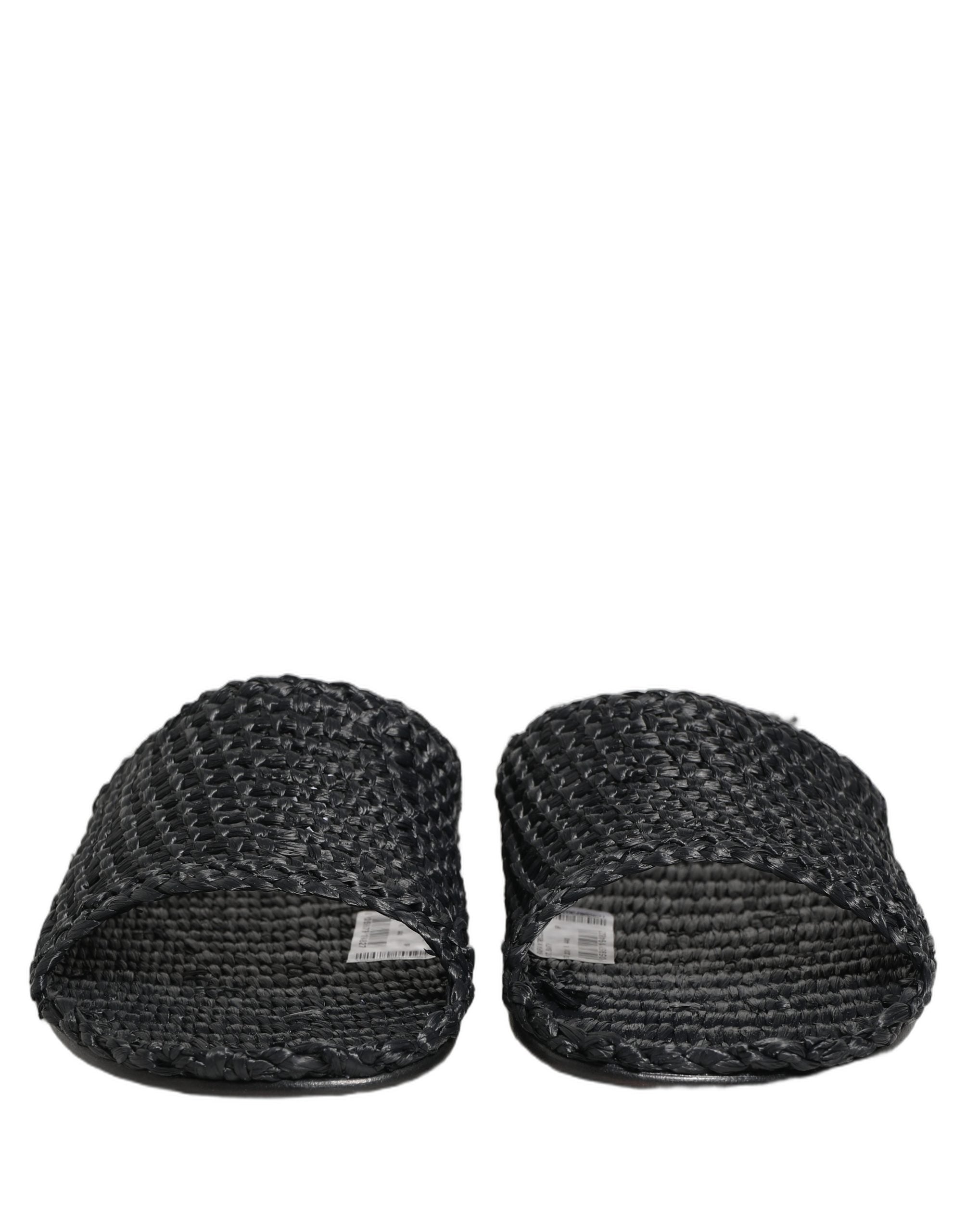 Dolce & Gabbana Black Straw Raffia Slides Sandals Flats Men's Shoes