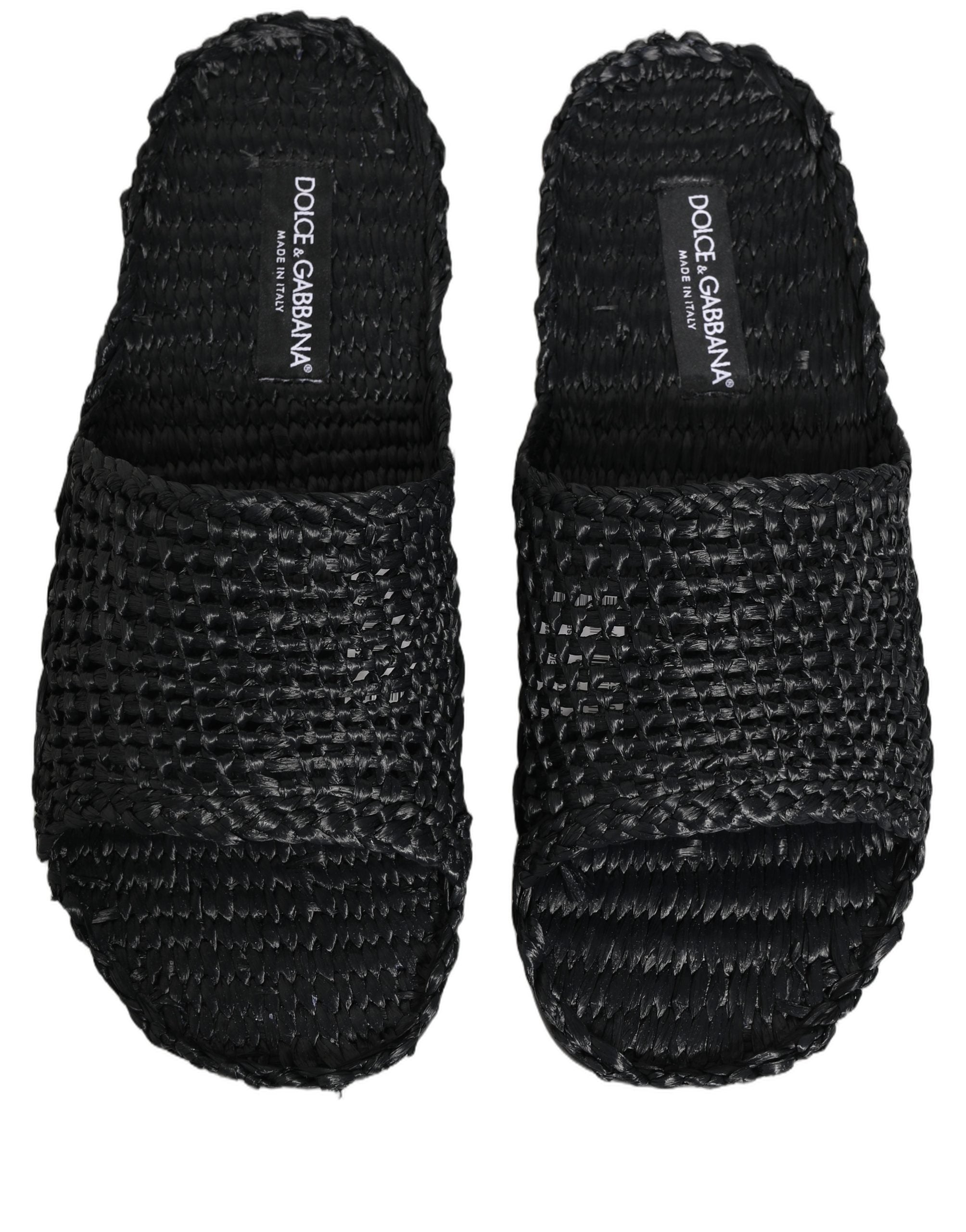 Dolce & Gabbana Black Straw Raffia Slides Sandals Flats Men's Shoes