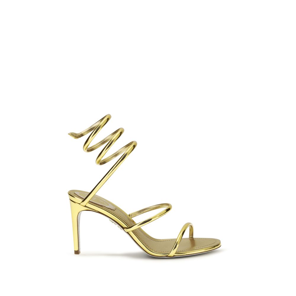 RENE CAOVILLA Gold Calf Leather Bos Taurus Stiletto Heel Women's Sandals