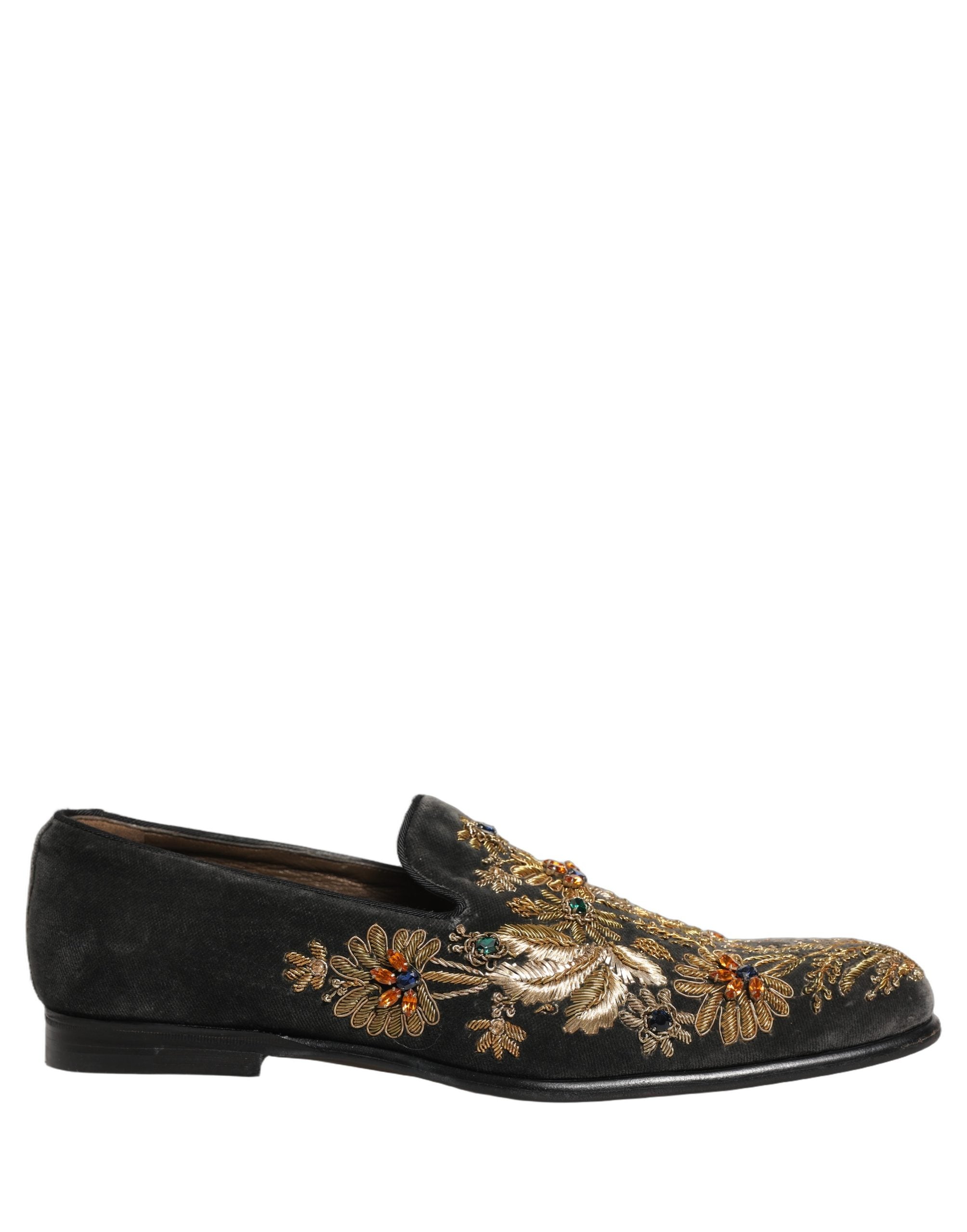 Dolce & Gabbana Black Velvet Embellished Dress Loafers Men's Shoes