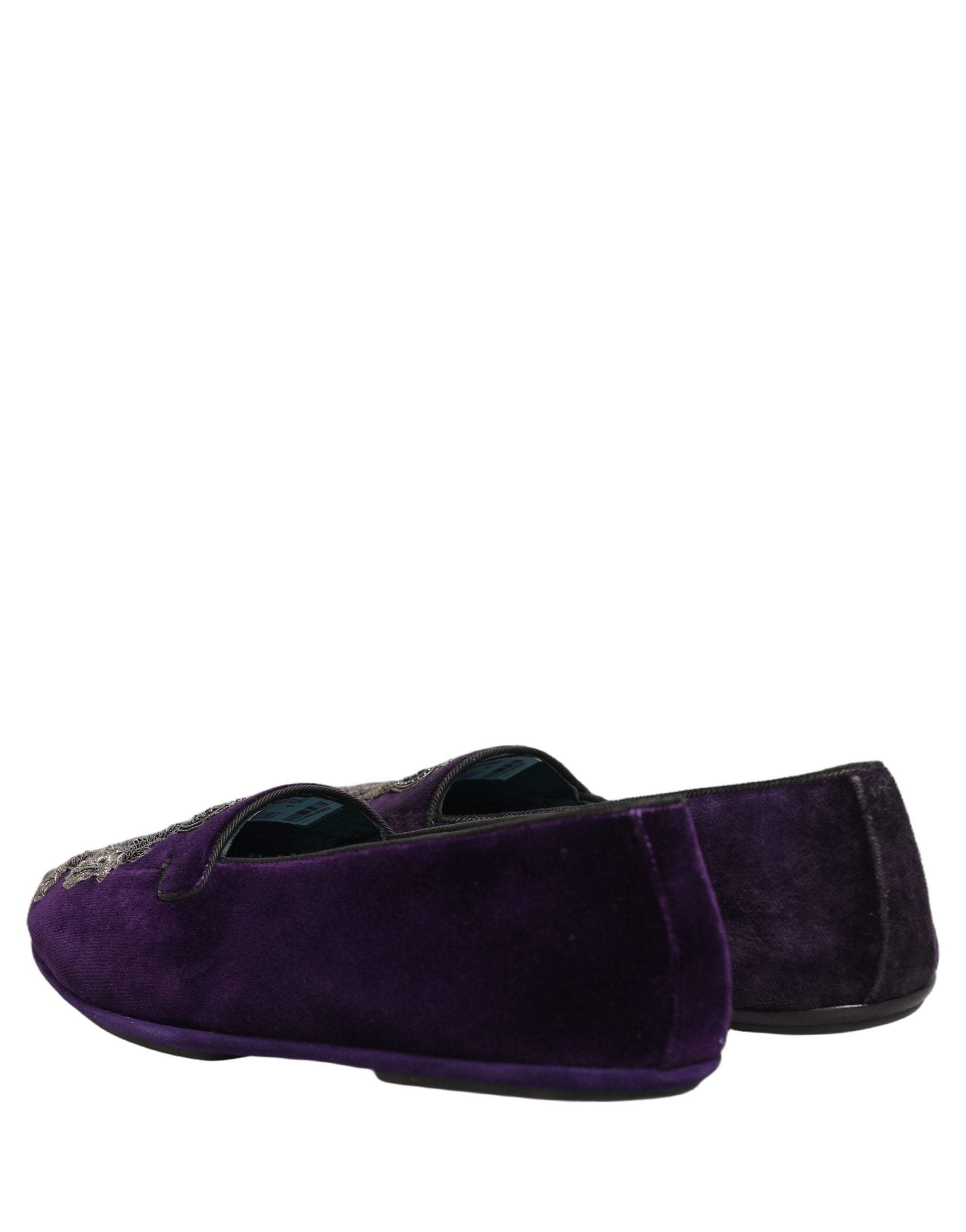 Dolce & Gabbana Purple Velvet Crown Embroidery Loafers Men's Shoes