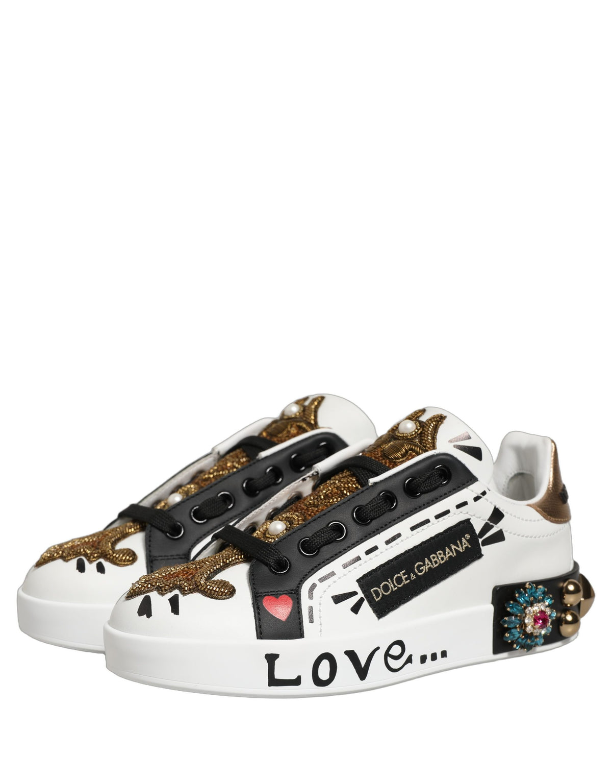 Dolce & Gabbana White Gold Studded Portofino Sneakers Women's Shoes