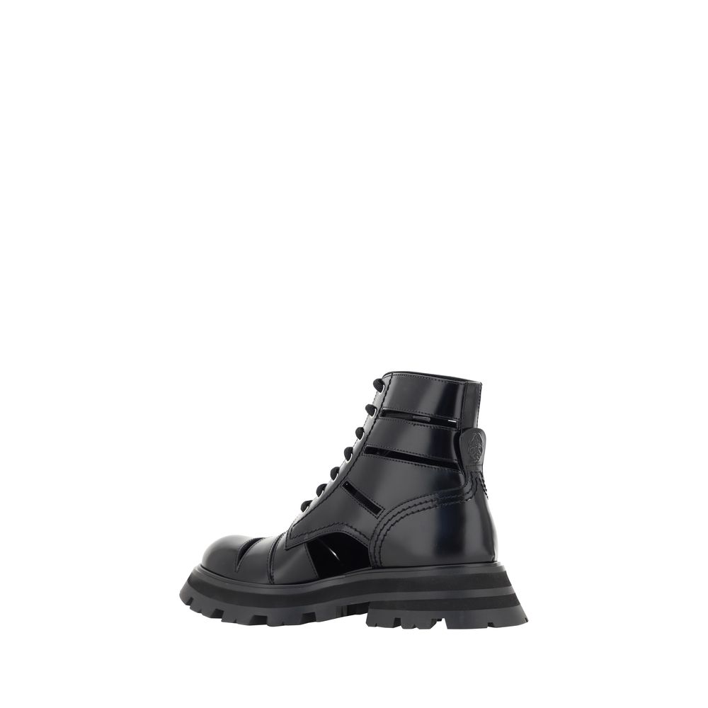 Alexander McQueen Black Calf Leather Bos Taurus Lace-Up Women's Boots