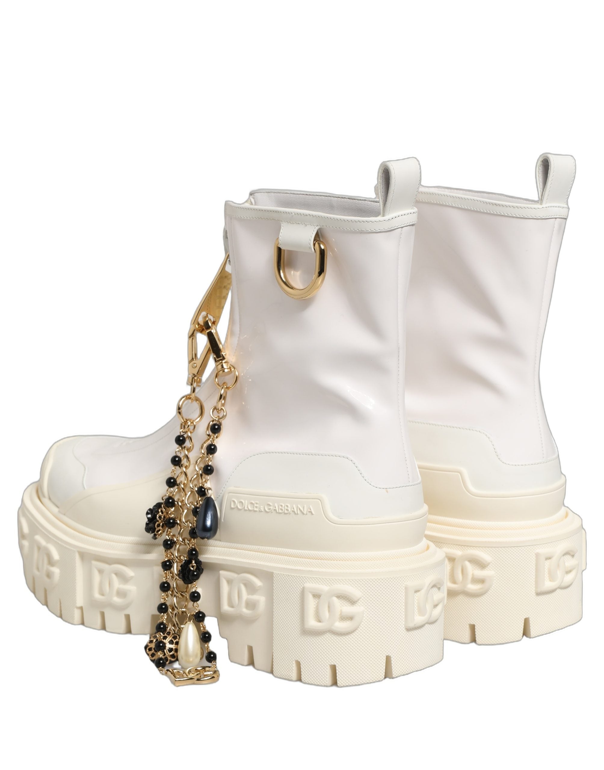 Dolce & Gabbana White Leather Rubber Logo Ankle Boots Women's Shoes