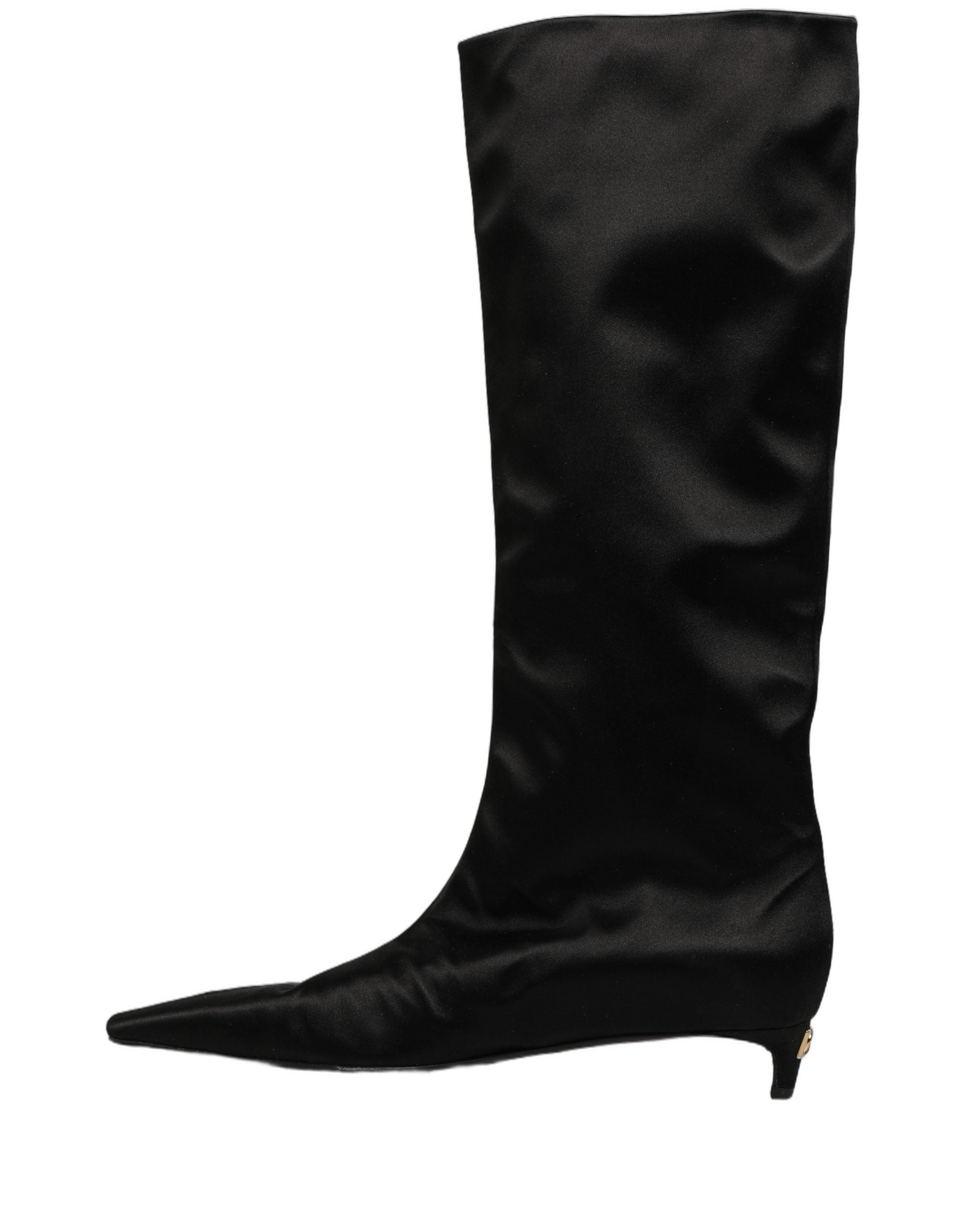 Dolce & Gabbana Black Satin Knee High Kitten Boots Women's Shoes (Pre-Owned)