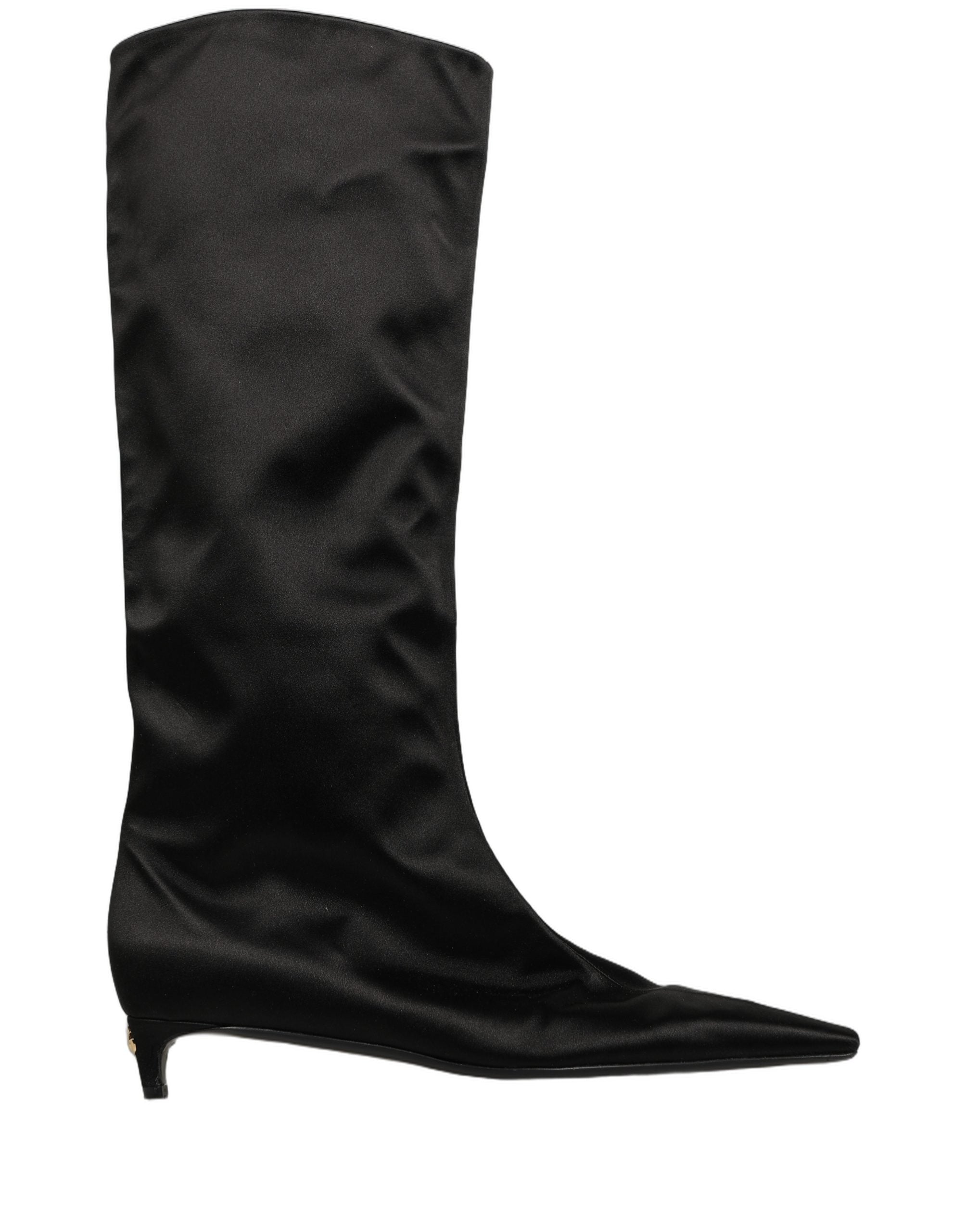 Dolce & Gabbana Black Satin Knee High Kitten Boots Women's Shoes (Pre-Owned)