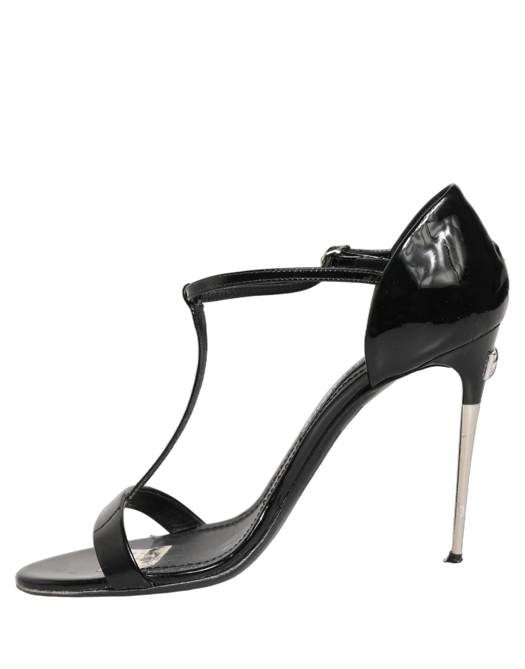 Dolce & Gabbana Black Leather T-strap Heels Sandals Women's Shoes (Pre-Owned)