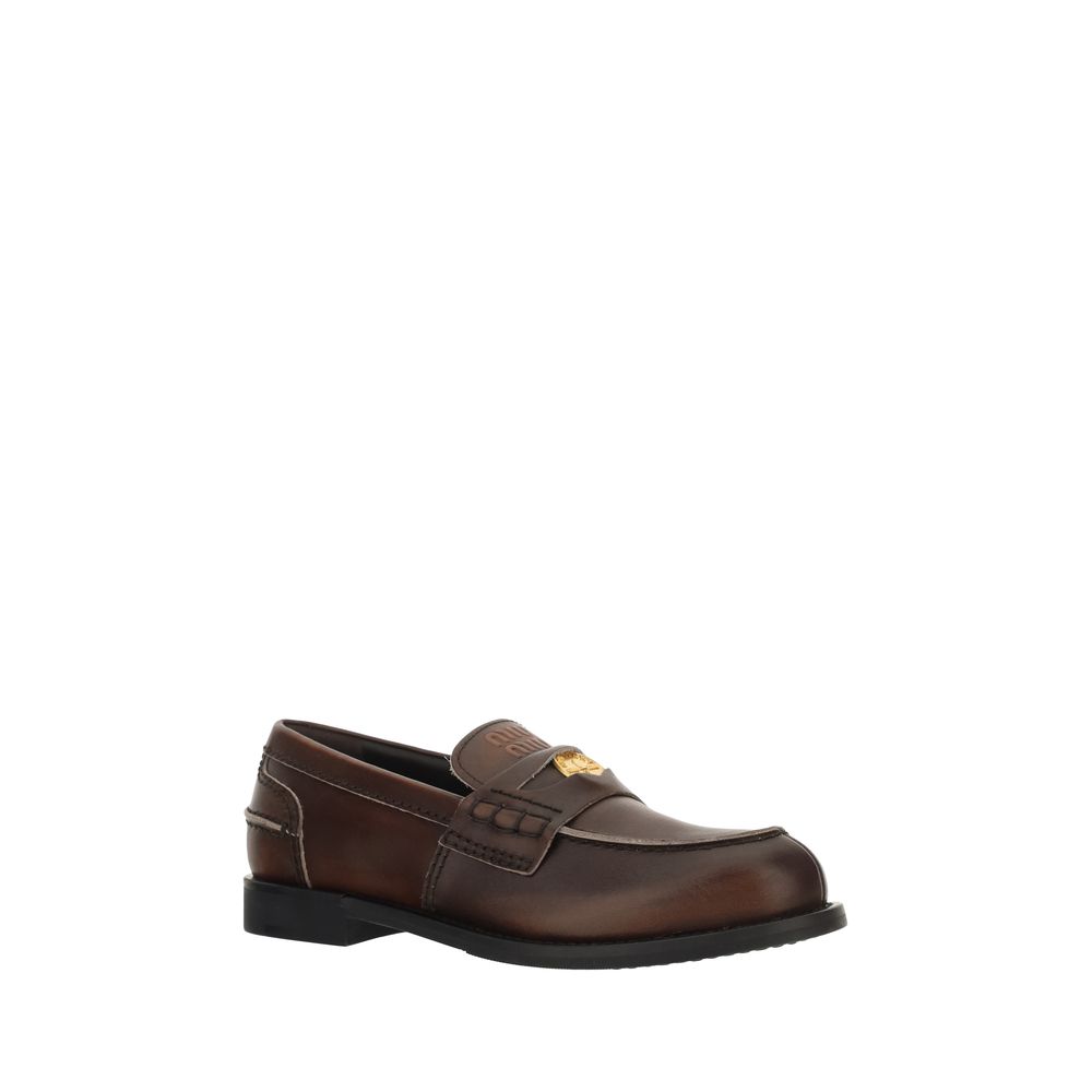 Miu Miu Brown Calf Leather Bos Taurus Slip-On Women's Loafers
