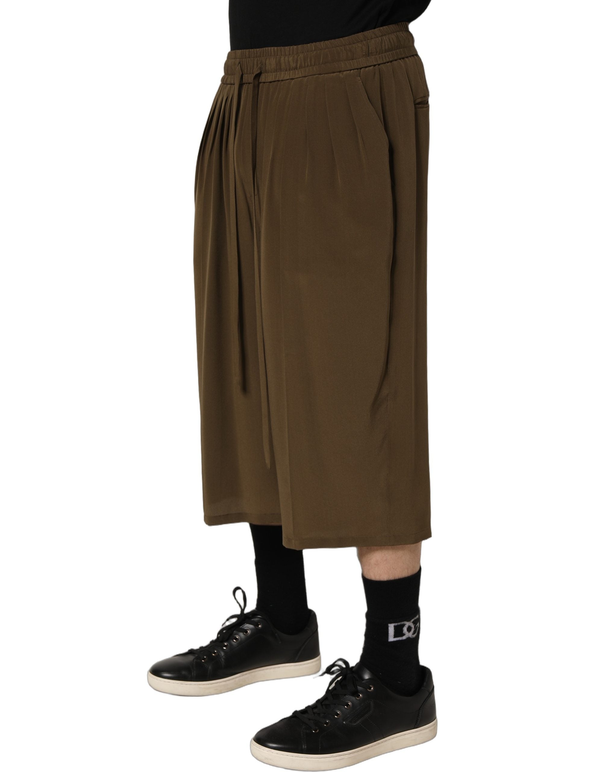 Dolce & Gabbana Brown Silk Mid Waist Pleated Bermuda Men's Shorts
