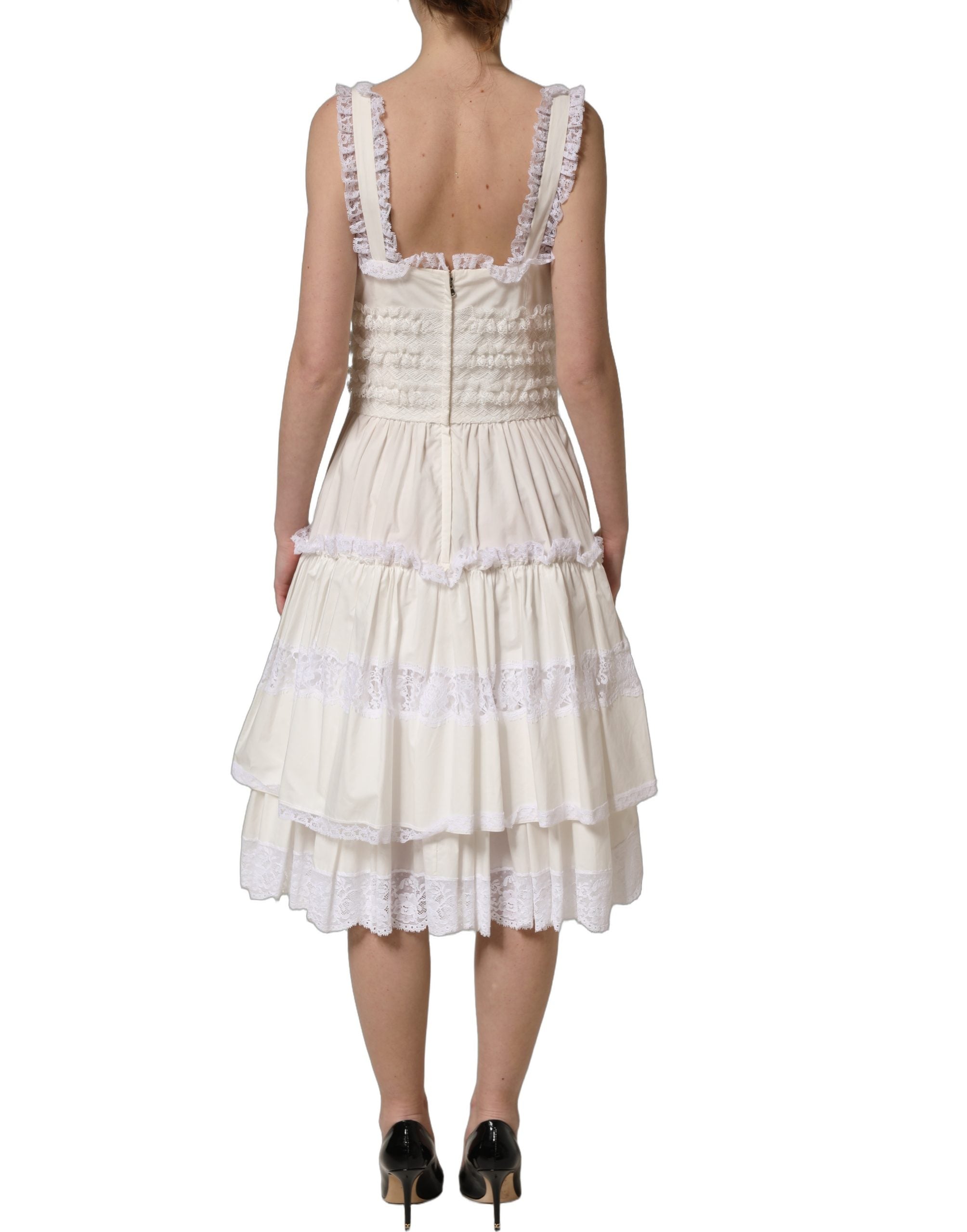 Dolce & Gabbana White Cotton Poplin Ruffled Midi Women's Dress