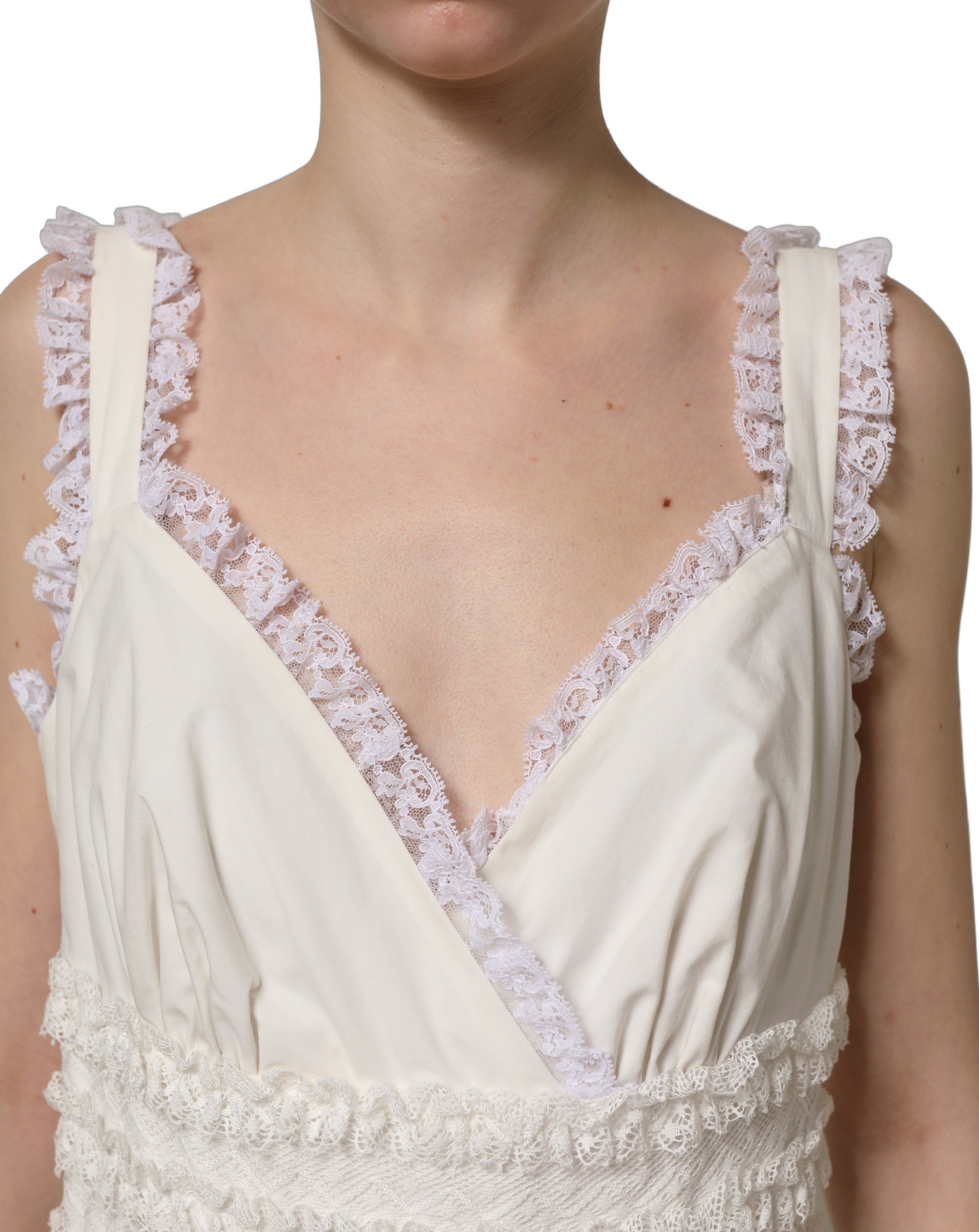 Dolce & Gabbana White Cotton Poplin Ruffled Midi Women's Dress