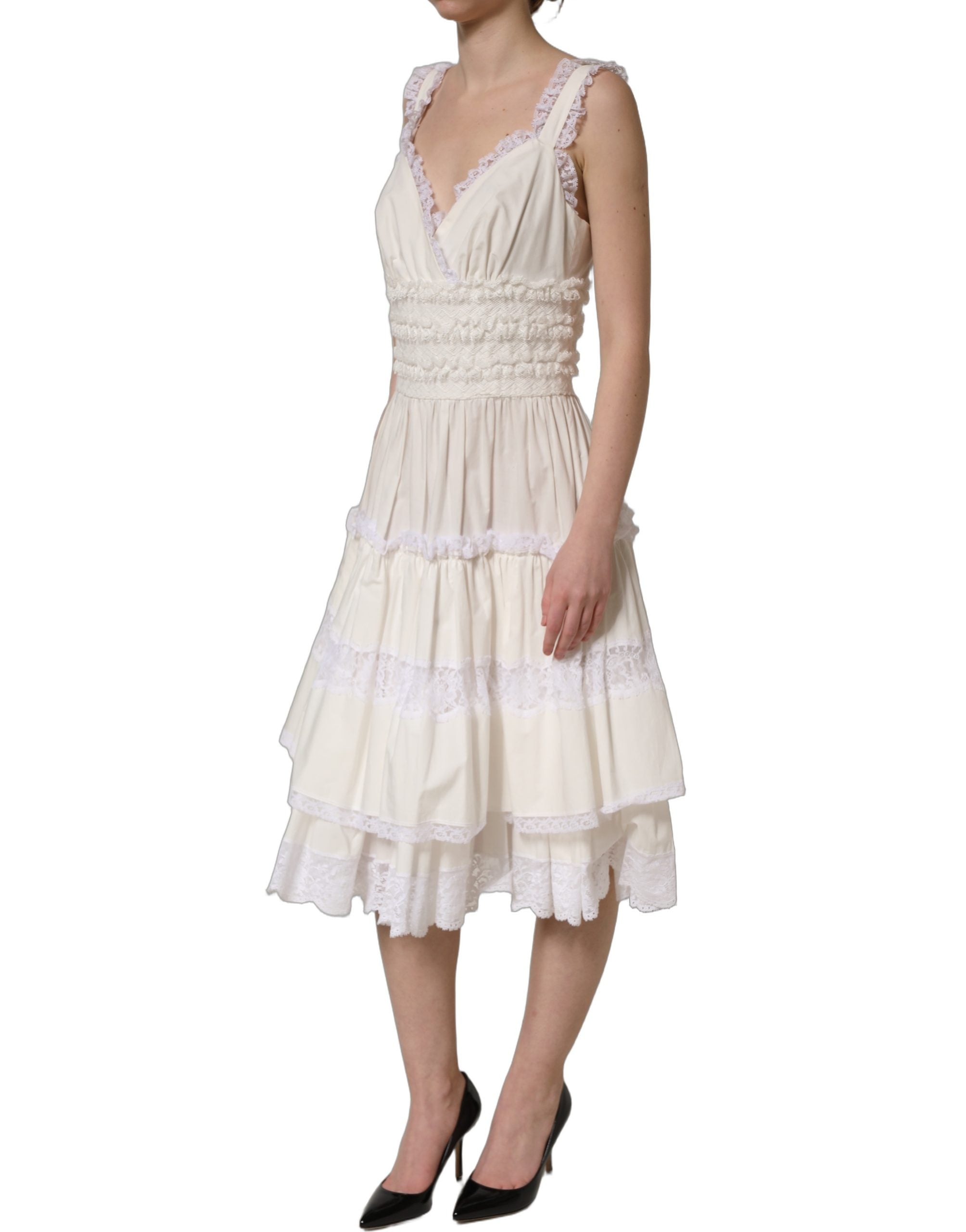 Dolce & Gabbana White Cotton Poplin Ruffled Midi Women's Dress