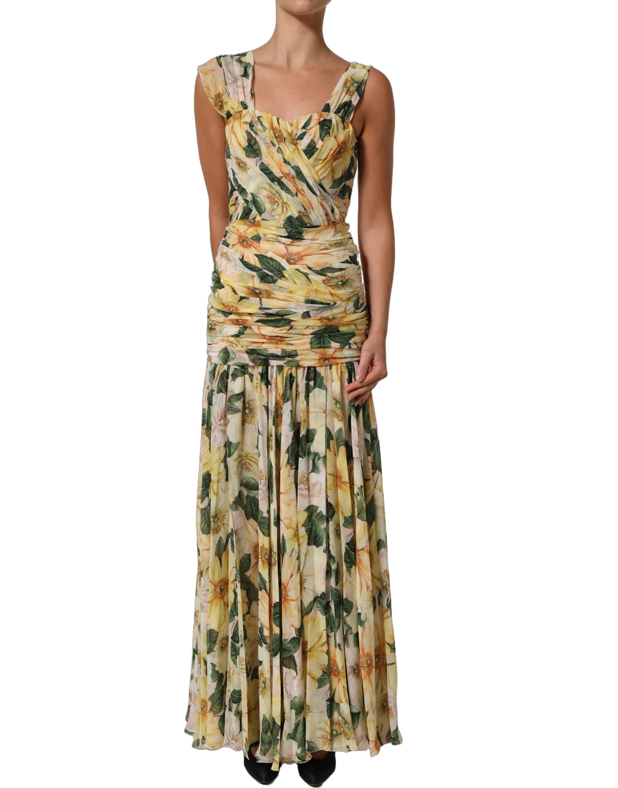 Dolce & Gabbana Yellow Floral Print Silk Pleated Maxi Women's Dress (Pre-Owned)
