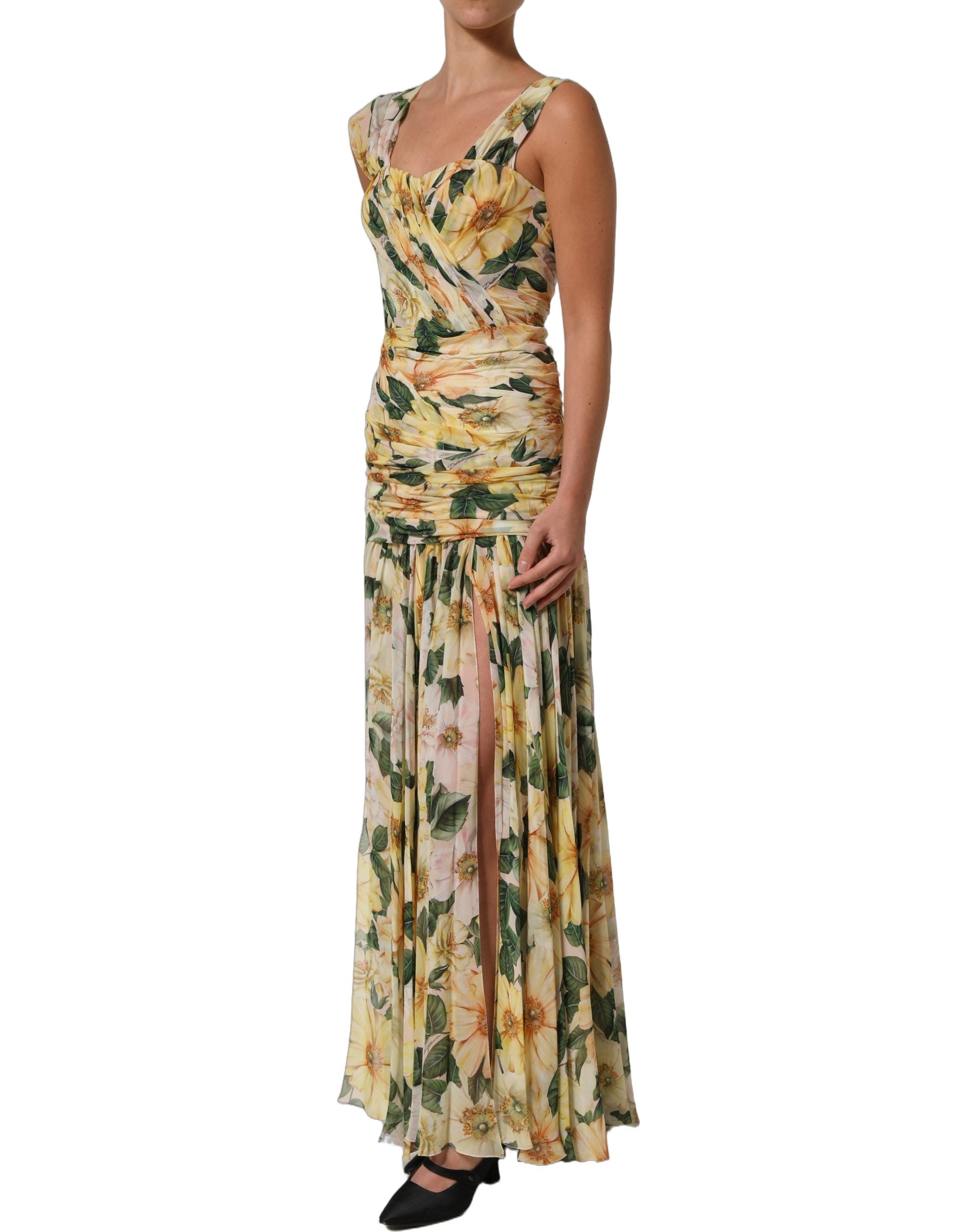 Dolce & Gabbana Yellow Floral Print Silk Pleated Maxi Women's Dress (Pre-Owned)