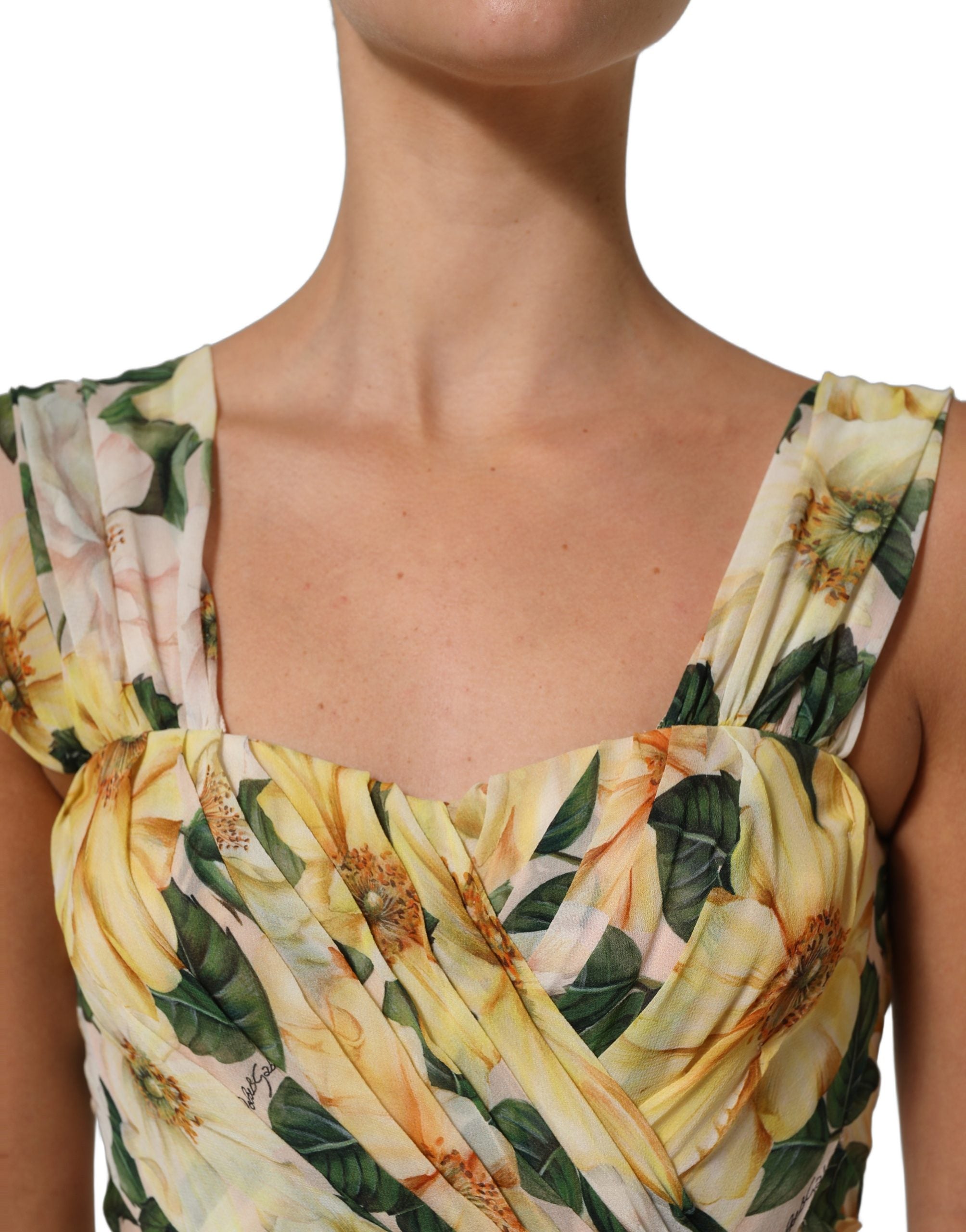 Dolce & Gabbana Yellow Floral Print Silk Pleated Maxi Women's Dress (Pre-Owned)