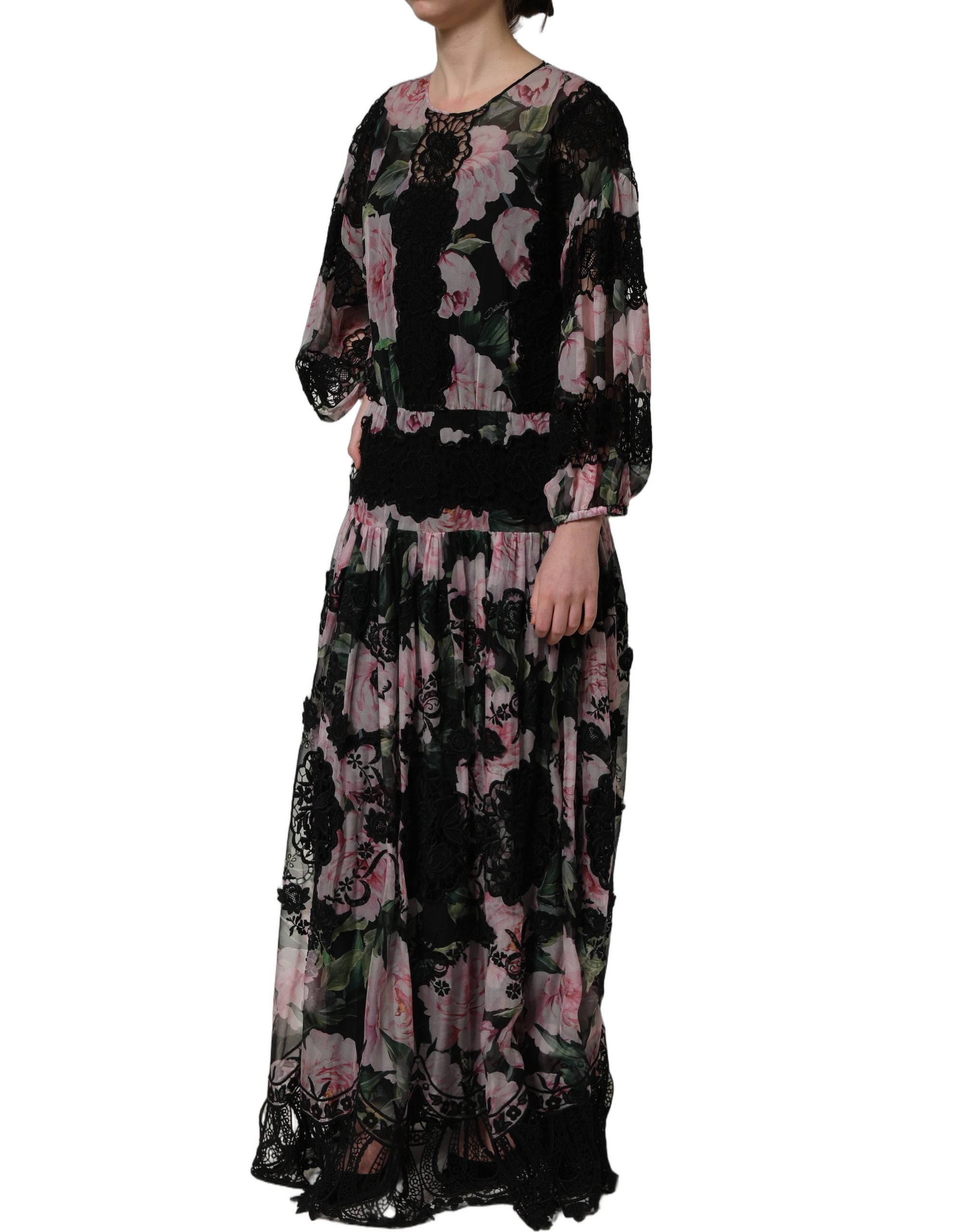 Dolce & Gabbana Black Floral Print Cotton Lace Maxi Women's Dress (Pre-Owned)