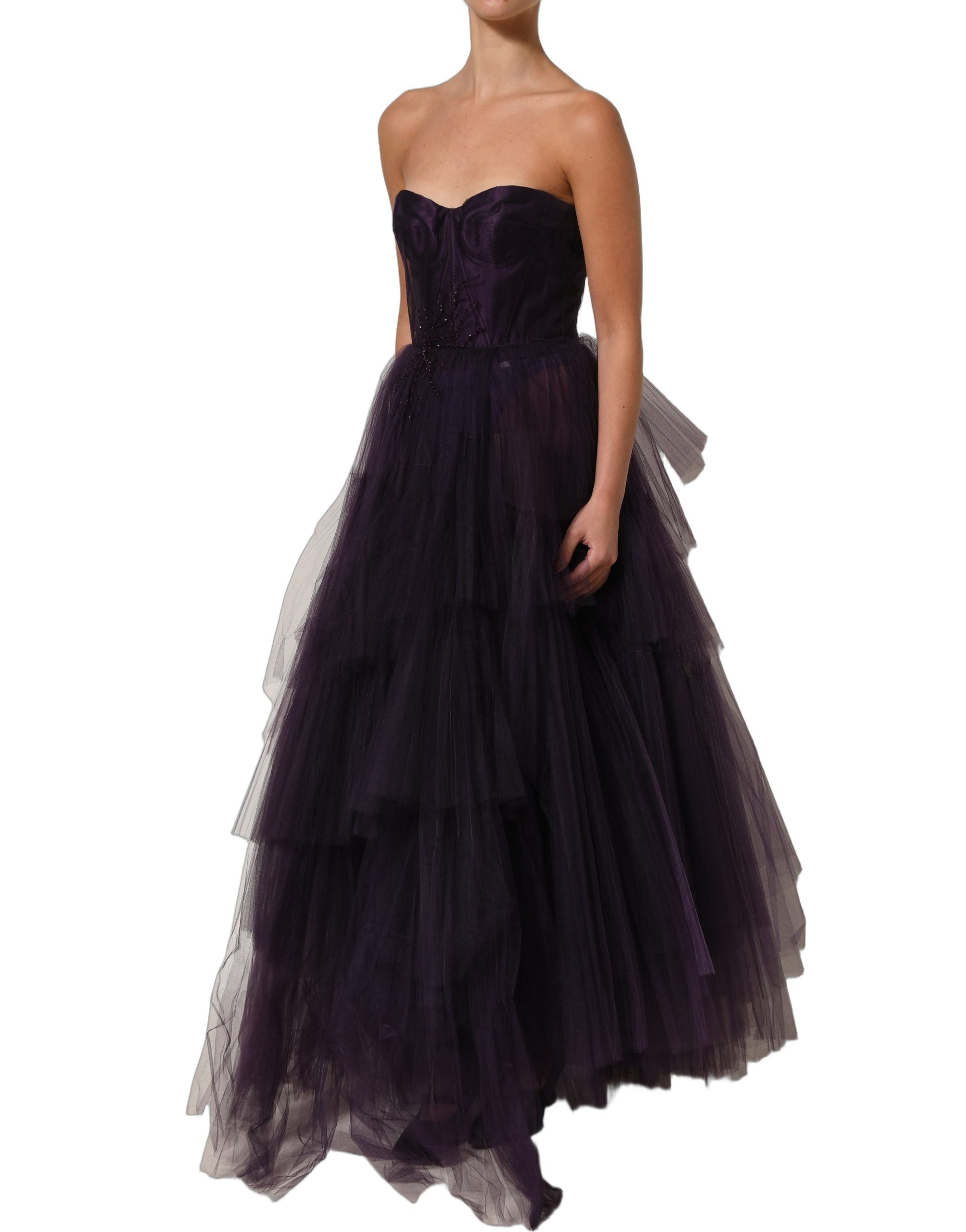 Dolce & Gabbana Purple Tiered Tulle Silk Long Gown Women's Dress