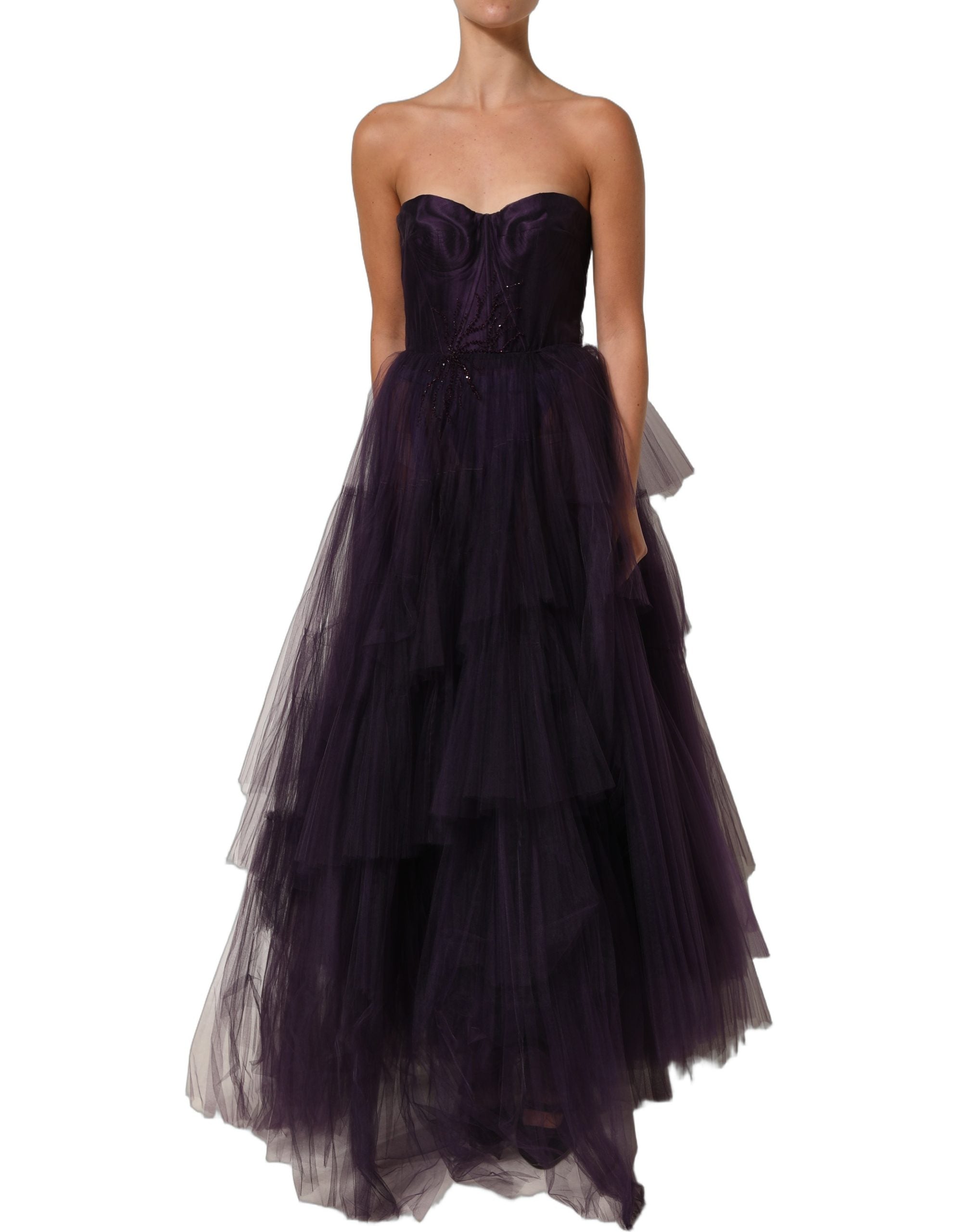 Dolce & Gabbana Purple Tiered Tulle Silk Long Gown Women's Dress