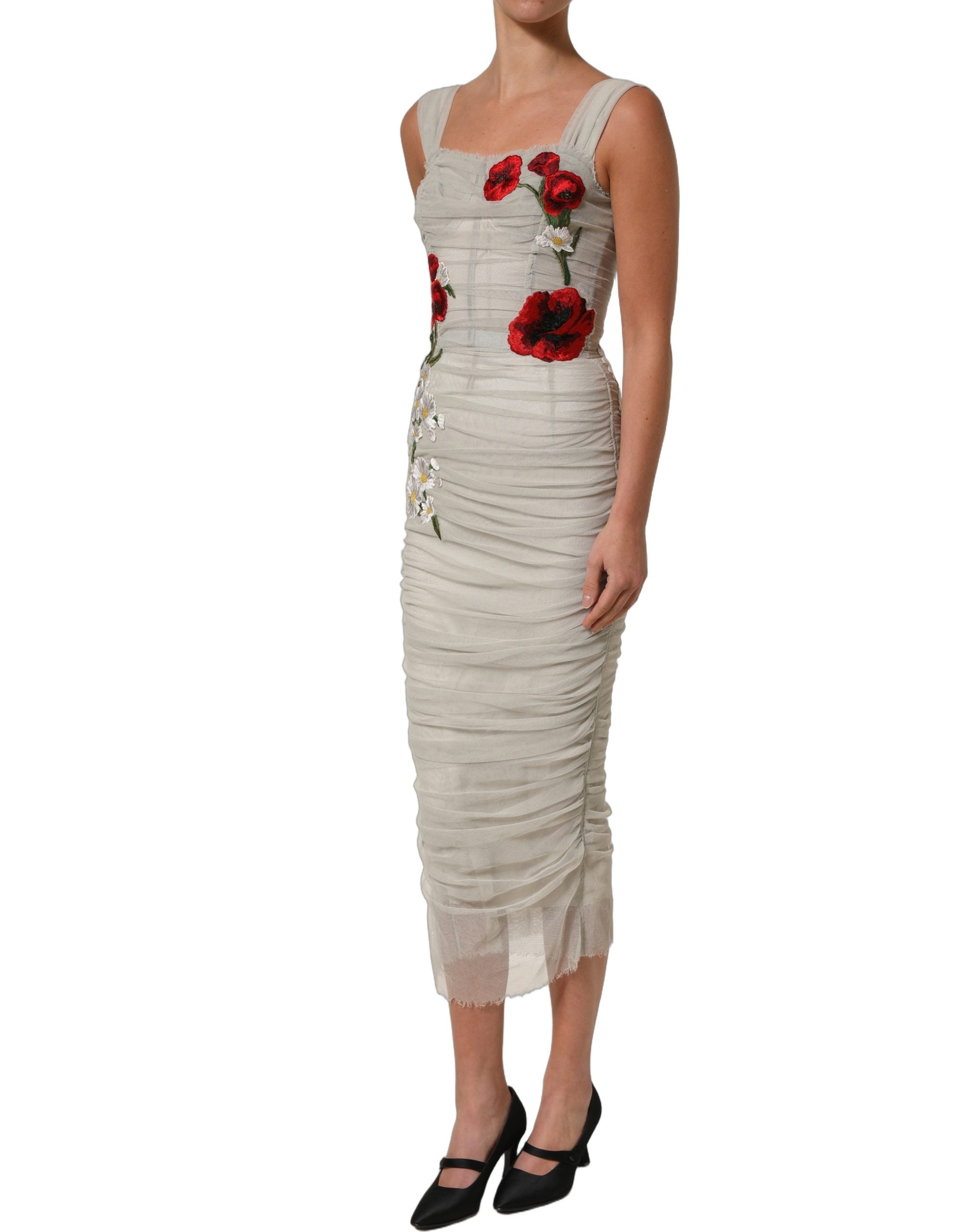 Dolce & Gabbana Light Gray Rose Embroidery Sheath Midi Women's Dress (Pre-Owned)
